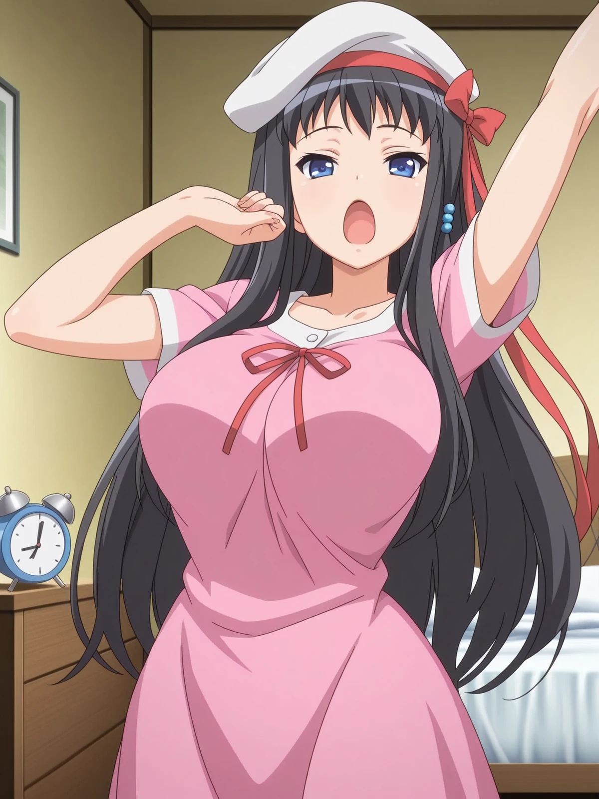 masterpiece, best quality, amazing quality,, <lora:kisara-himeno-ova-illustriousxl-lora-nochekaiser:1>, kisara himeno, long hair, black hair, blue eyes, mature female, large breasts, anime screencap, hat, dress, pink dress, ribbons, red ribbon, short sleeves,, head rest, bedroom, alarm clock, morning routine, yawning, stretching, on bed, cowboy shot, solo, looking at viewer,