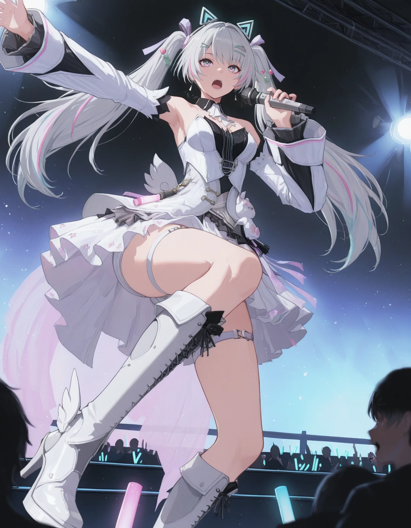 masterpiece,best quality,amazing quality,very aesthetic,high resolution,ultra detailed,perfect details,<lora:mai_pgr_x1:1>,
stage,people,Glow stick,Colored paper,Dramatic Lighting,
1girl,solo,dynamic pose,holding microphone,open mouth,singing,from below,outstretched arm,
<lora:mai_pgr_karenina_blnh:0.8>,mai_pgr_karenina_blnh,long_hair,twintails,grey_hair,multicolored_hair,multicolored_eyes,hair_ornament,hairclip,fake_animal_ears,idol_clothes,detached_sleeves,detached_collar,white_dress,white_skirt,frilled_dress,thigh_strap,knee_boots,high_heels,white_footwear,stuffed_toy,