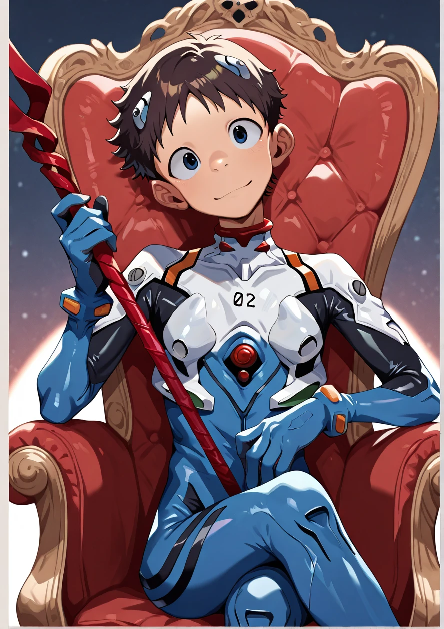 masterpiece, best quality, good quality,1boy,ikari shinji \(evangelion\),neon genesis evangelion,solo,male focus,blue eyes,dark brown hair,big round eyes,smile,blue plugsuit,sitting on throne,crossed legs,(head tilt),holding weapon,lance of longinus,cowboy shot,depth of field,faux traditional media,<lora:ããããwaryusya_IL7_128:1.1>
