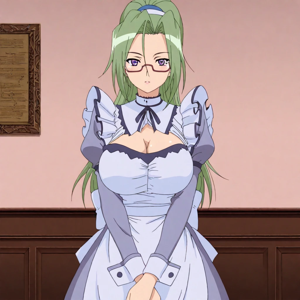 masterpiece,high score,great score,absurdres,looking at viewer,solo,cowboy_shot,<lora:MitsukiHanyuu hassakuill30:1> mitsukihanyuu, green hair, ponytail, purple eyes, glasses,maid,cleavage,apron,