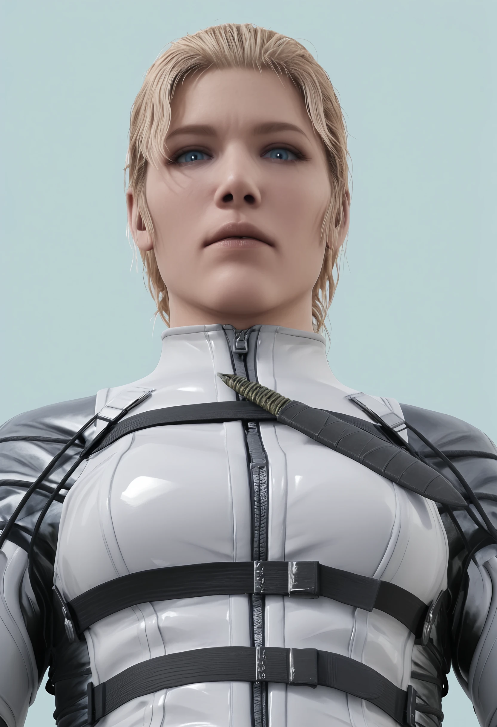 masterpiece, best quality, amazing quality, very aesthetic, absurdres, newest,  <lora:TheBossILf:1.2> thbilf, blonde hair, ponytail, blue eyes, bodysuit, looking at viewer, upper body, from below, 
 light blue background, simple background,