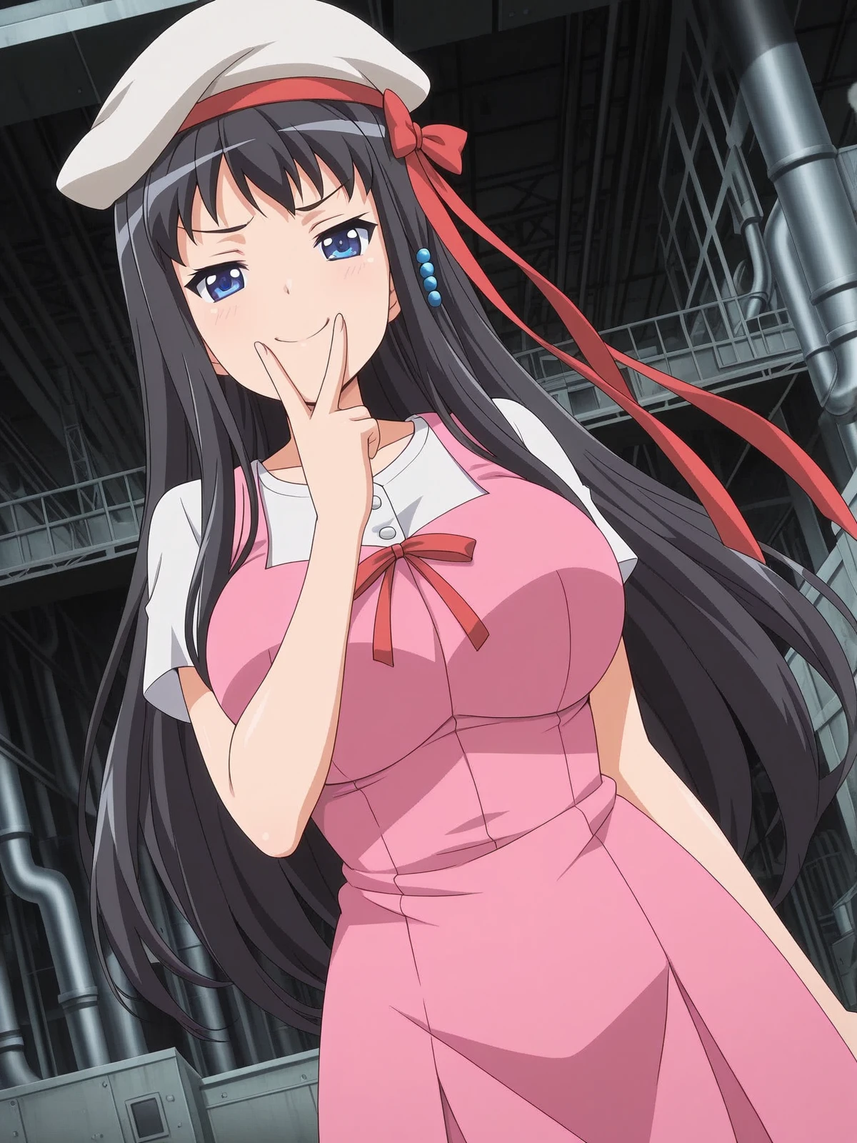 masterpiece, best quality, amazing quality,, <lora:kisara-himeno-ova-illustriousxl-lora-nochekaiser:1>, kisara himeno, long hair, black hair, blue eyes, mature female, large breasts, anime screencap, hat, dress, pink dress, ribbons, red ribbon, short sleeves,, v, v over mouth, smug,, industrial, machinery, metal, large, factory, cowboy shot, solo, looking at viewer,