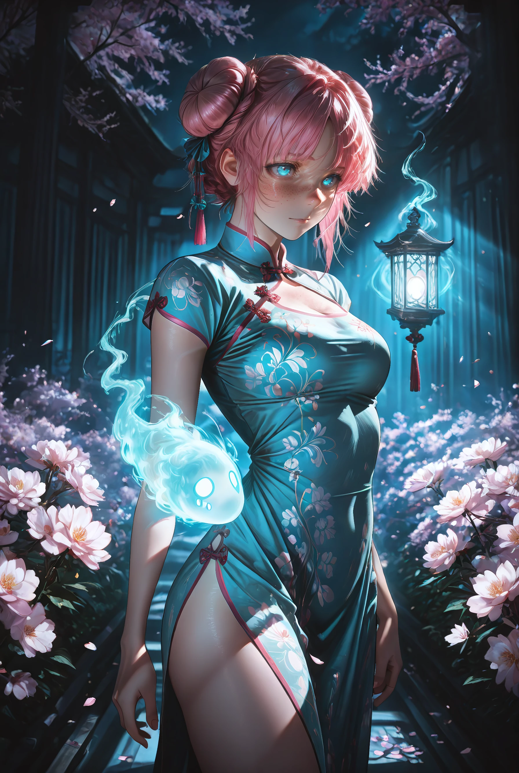 (Dark, mist, shadows, backlighting,), cinematic, volumetric lighting,absurdres,masterpiece, best quality, amazing quality, very aesthetic, (solo:1.2), (girl, pink hair, bun hair, medium breasts, freckles, chinese dress, glowing blue eyes), garden, sakura trees, sakura petals, night, (ghost light)