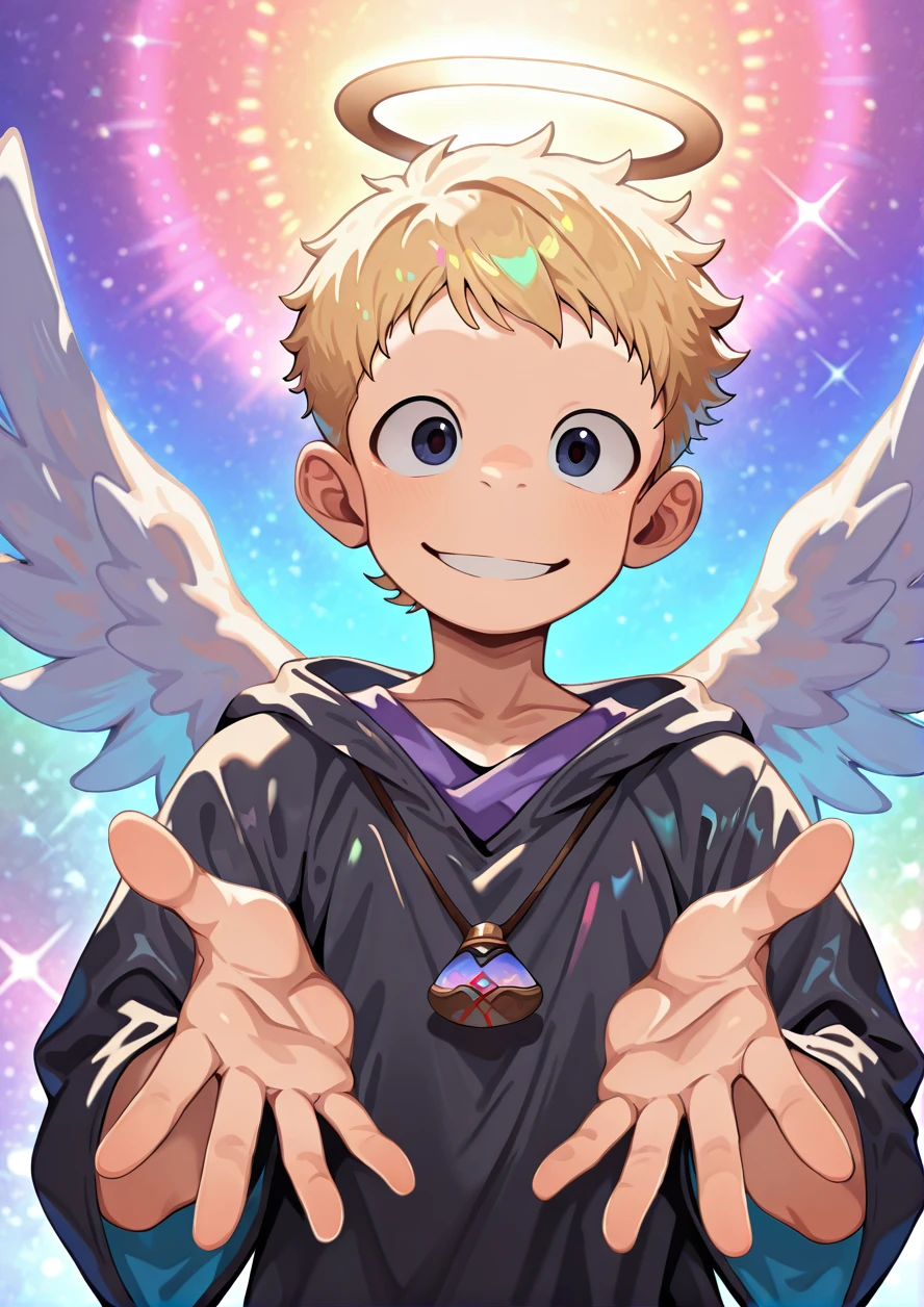 masterpiece, best quality, good quality, solo, 1boy, solo, angel, wing, holo, shiny, smile, looking at viewer, gold hair, blie eyes, colorful background,colorful lighting, open hands, very short hair, <lora:ããããwaryusya_IL7_128:1.2>