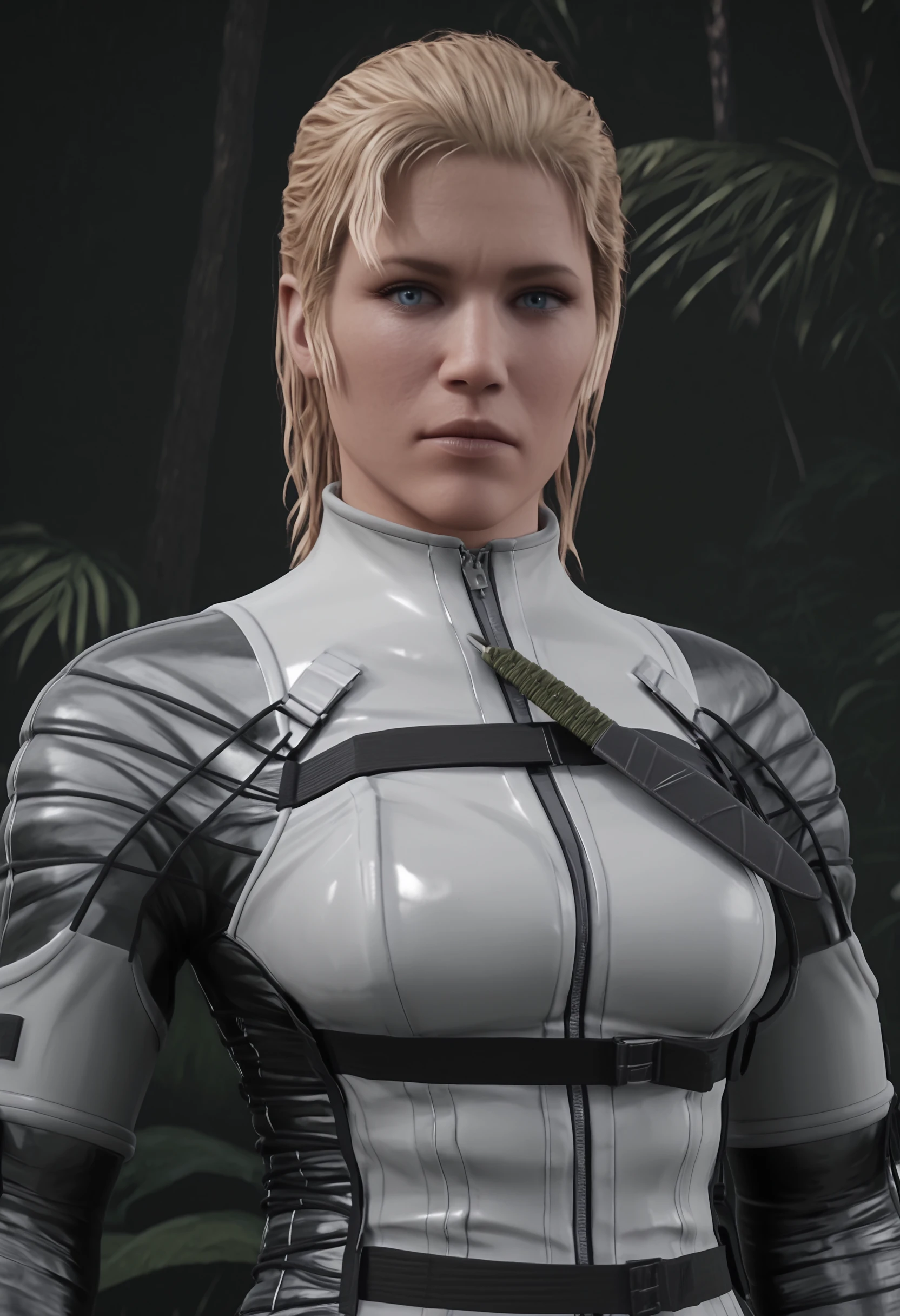 masterpiece, best quality, amazing quality, very aesthetic, absurdres, newest,  <lora:TheBossILf:1.2> thbilf, blonde hair, blue eyes, bodysuit, looking at viewer, upper body, 
jungle, 3d, render,