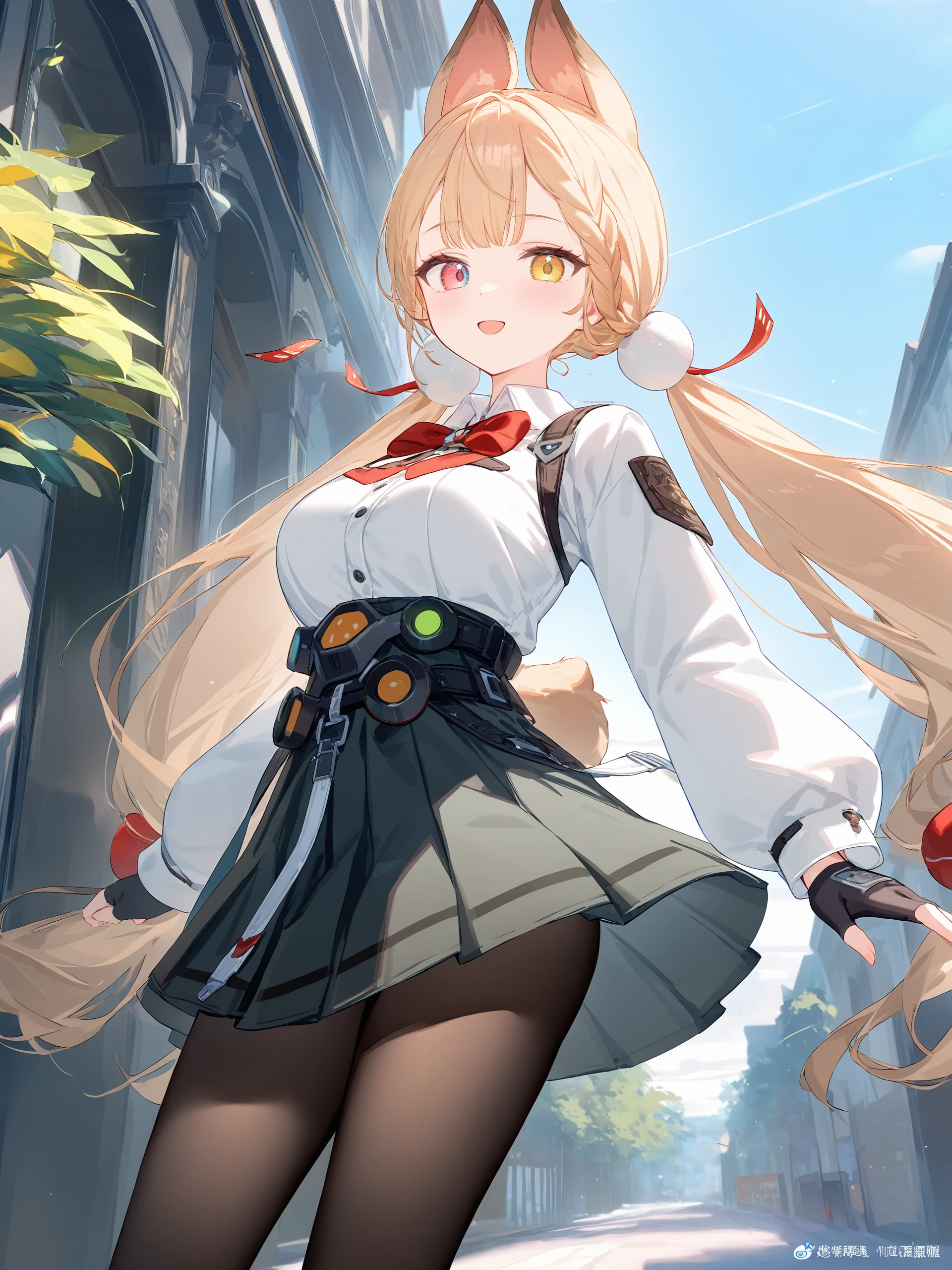 1girl, alice thymefield, heterochromia, solo, braided bangs, twintails, hair bobbles, white collared shirt, ribbon-trimmed sleeves, two-tone bowtie, chest harness, fingerless gloves, utility belt, high-waist pleated skirt, print pantyhose, looking at viewer, light smile, open mouth, street, outdoors, depth of field, standing, contrapposto, cowboy shot illustration, incredibly absurdres, ultra detailed, masterpiece, best quality, perfect features, intricate details, ray tracing, very aesthetic, shuri \(84k\), ATDAN, artist:chen bin, (ningen mame:0.95), (wlop:0.91), (sarcophage:1.05), (tsubasa tsubasa:1.05), modare, hiten \(hitenkei\), <lora:Char-ZZZ-Alice-V1-XL:1:hr=0.6>,