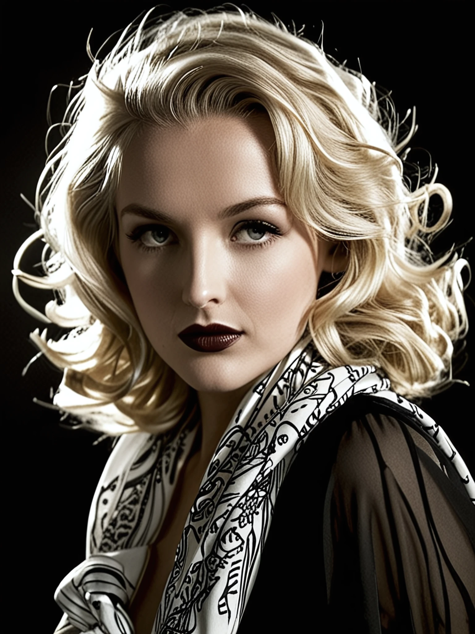 film noir style aptaddison, detailed face, profile, off-shoulder shirt, black background, no makeup, medium hair, messy hair, sunlight in hair, blonde, silk scarf . monochrome, high contrast, dramatic shadows, 1940s style, mysterious, cinematic