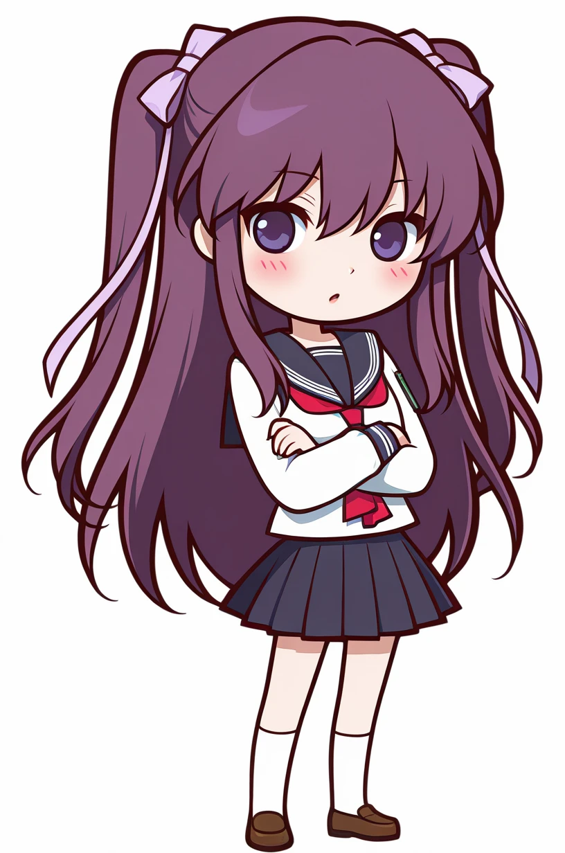 pop'n music style, thick outlines, colored outlines, magenta outline,
1girl, solo, (chibi:1.2), cute, full body, s11na_m1yu, purple hair, long hair, purple eyes, twintails BREAK chool uniform, serafuku, skirt, 
blush, looking at viewer, standing, crossed arms, white background, front view, sharp focus, depth of field, highly detailed <lora:Popn_Music_Style:1> <lora:siina miyu v1.0b-000011:0.9>