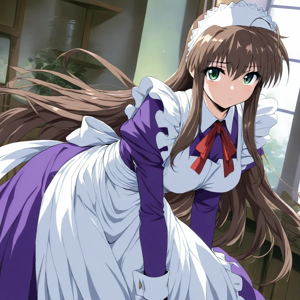 masterpiece,high score,great score,absurdres,looking at viewer,solo,cowboy_shot,<lora:CharlotteVerlaine ag4o:1> charlotteverlaine, brown hair, long hair, green eyes,maid headdress,maid,apron,