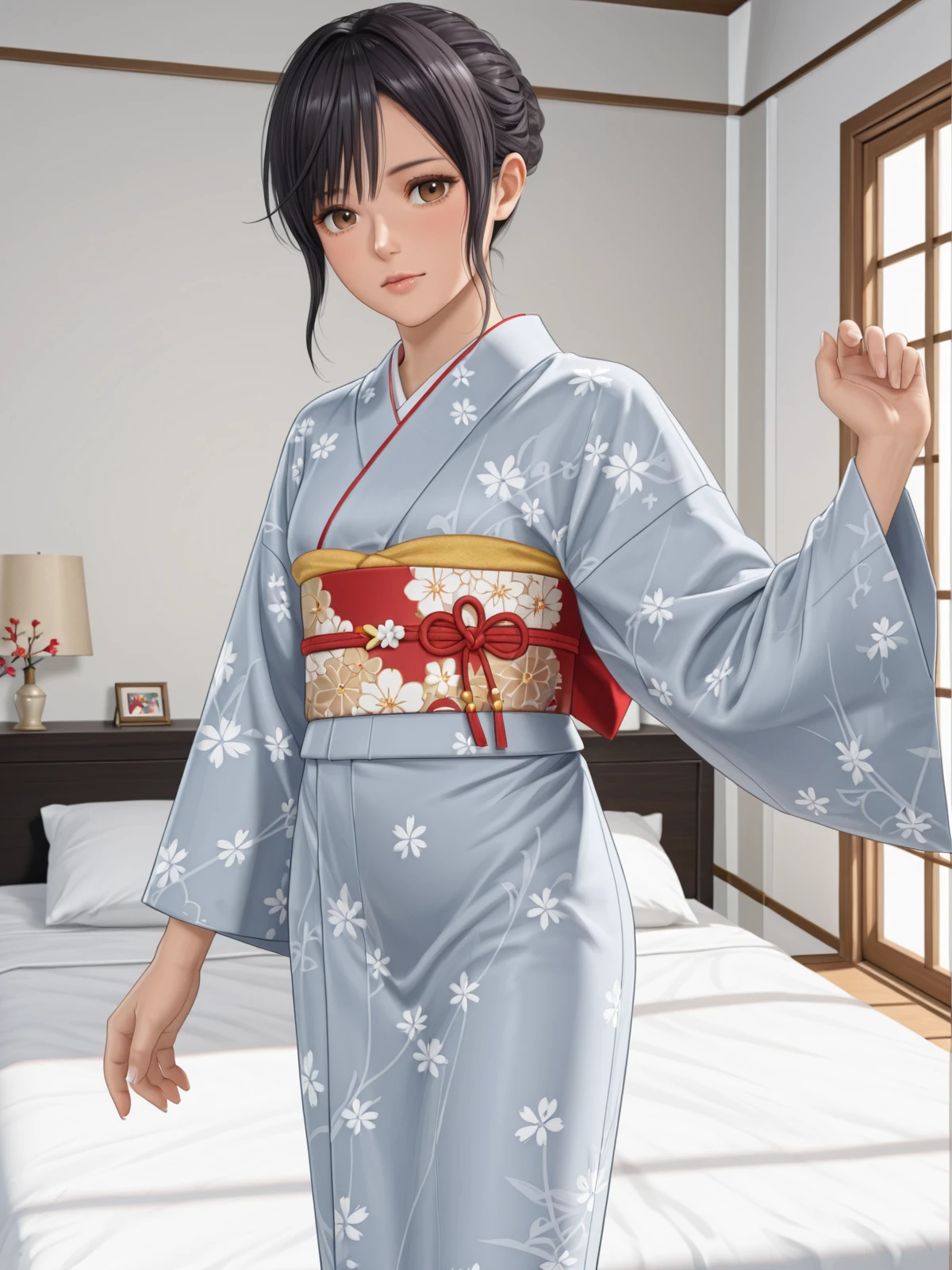 nagisa \(doax vv\),black hair,brown eyes,kimono,bedroom,
