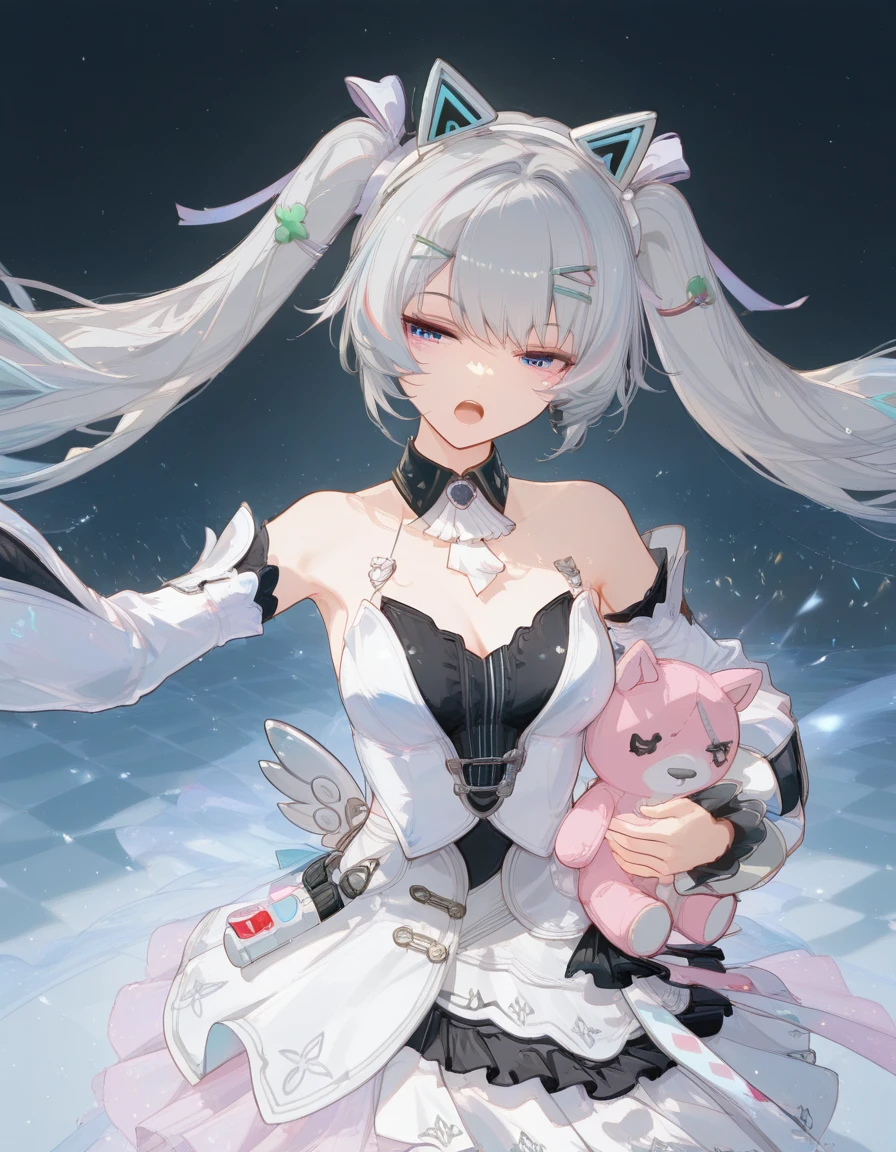1girl,solo,dynamic pose,singing,
<lora:mai_pgr_karenina_blnh:0.7>,mai_pgr_karenina_blnh,long_hair,twintails,grey_hair,multicolored_hair,multicolored_eyes,hair_ornament,hairclip,fake_animal_ears,idol_clothes,detached_sleeves,detached_collar,white_dress,white_skirt,frilled_dress,stuffed_toy,
<lora:thick_eyelashes_illustrious_20K:1>,thick eyelashes,