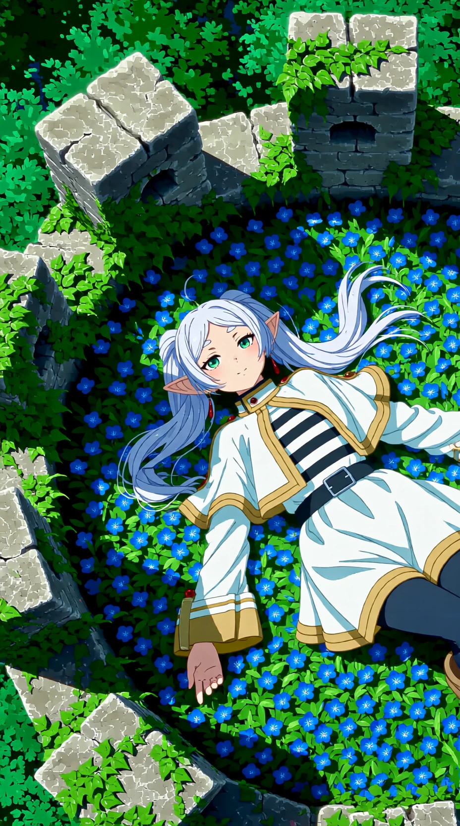 frieren, laying in a flower field on top of an overgrown castle tower, elf, green eyes, white hair, twintails, striped clothes, white capelet, full body, blue flowers, outdoors, sunlight, viewed from above