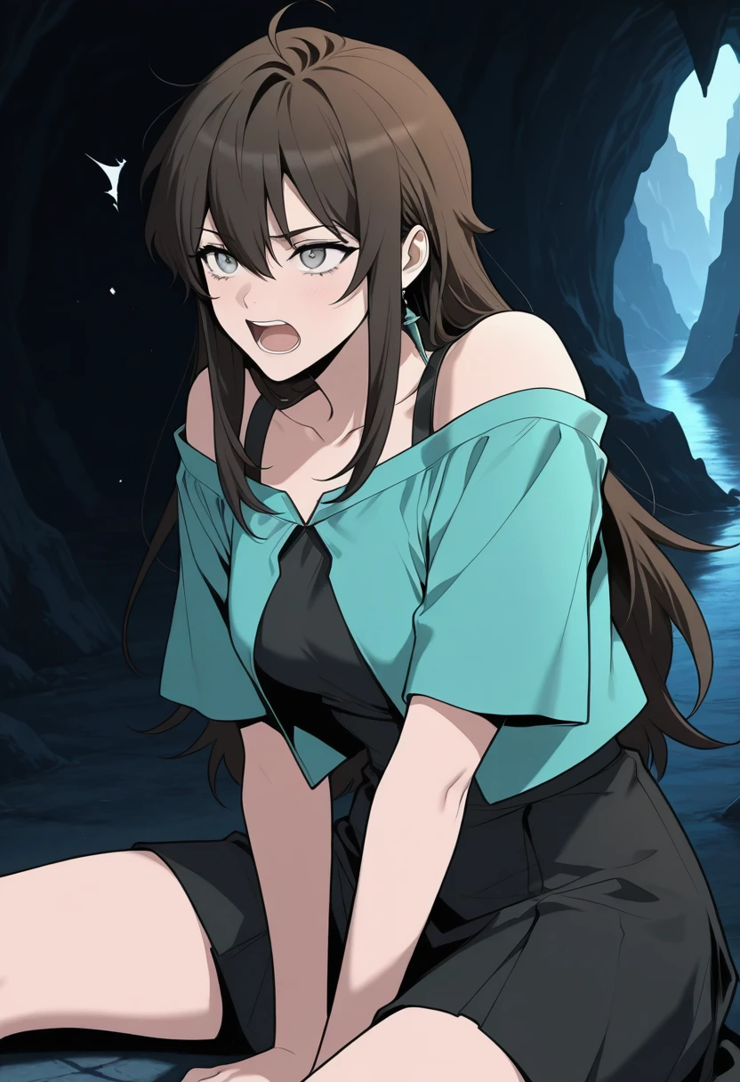 HDR, masterpiece, best quality, very aesthetic, semi realistic, (flat color:1.3),
lurin, 1girl, solo, grey eyes, long hair,  brown hair, black hair, ahoge, hair between eyes, jewelry, bare shoulders, sidelocks,
bare shoulders, collarbone, short sleeves, off-shoulder shirt, aqua shirt, bra strap, black dress, black skirt, open jacket, medium breasts, portrait, detailed eyes and face, cave, detailed background, sitting on floor, v legs, yelling