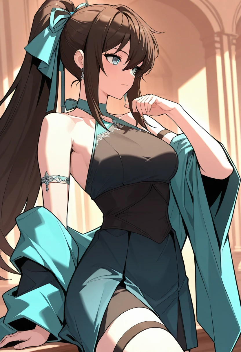 masterpiece,ultra-detailed,best quality,8K,illustration,
lurin, 1girl, solo, blue eyes, long hair, high ponytail, black hair, brown hair, black hair, sidelocks, hair between eyes, jewelry, blue ribbon, hair ribbon, ponytail, hair bow, 
blue dress, halterneck, collarbone, bare shoulders, sleeveless dress, black dress, aqua ribbon, jewelry, armband, armlet, arm strap, halter dress,  wide sleeves, shawl, medium breasts, thigh strap,

