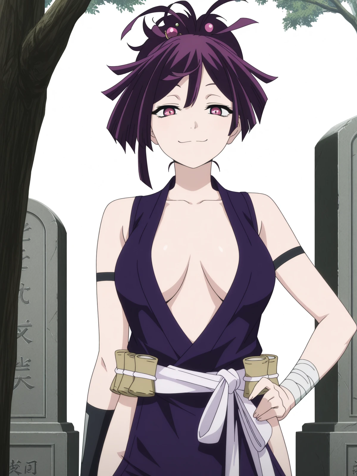 masterpiece, best quality, amazing quality,, <lora:jigoku-yuzuriha-s1-illustriousxl-lora-nochekaiser:1>, yuzuriha, hair ornament, purple eyes, ponytail, purple hair, mature female, medium breasts, anime screencap, breasts apart, japanese clothes, bare shoulders, collarbone, side slit,, smug, hand on own hip,, graveyard, tombstones, dark, trees, eerie, cowboy shot, solo, looking at viewer, <lora:transparent-background-illustriousxl-lora-nochekaiser:1>, transparent background, simple background, white background