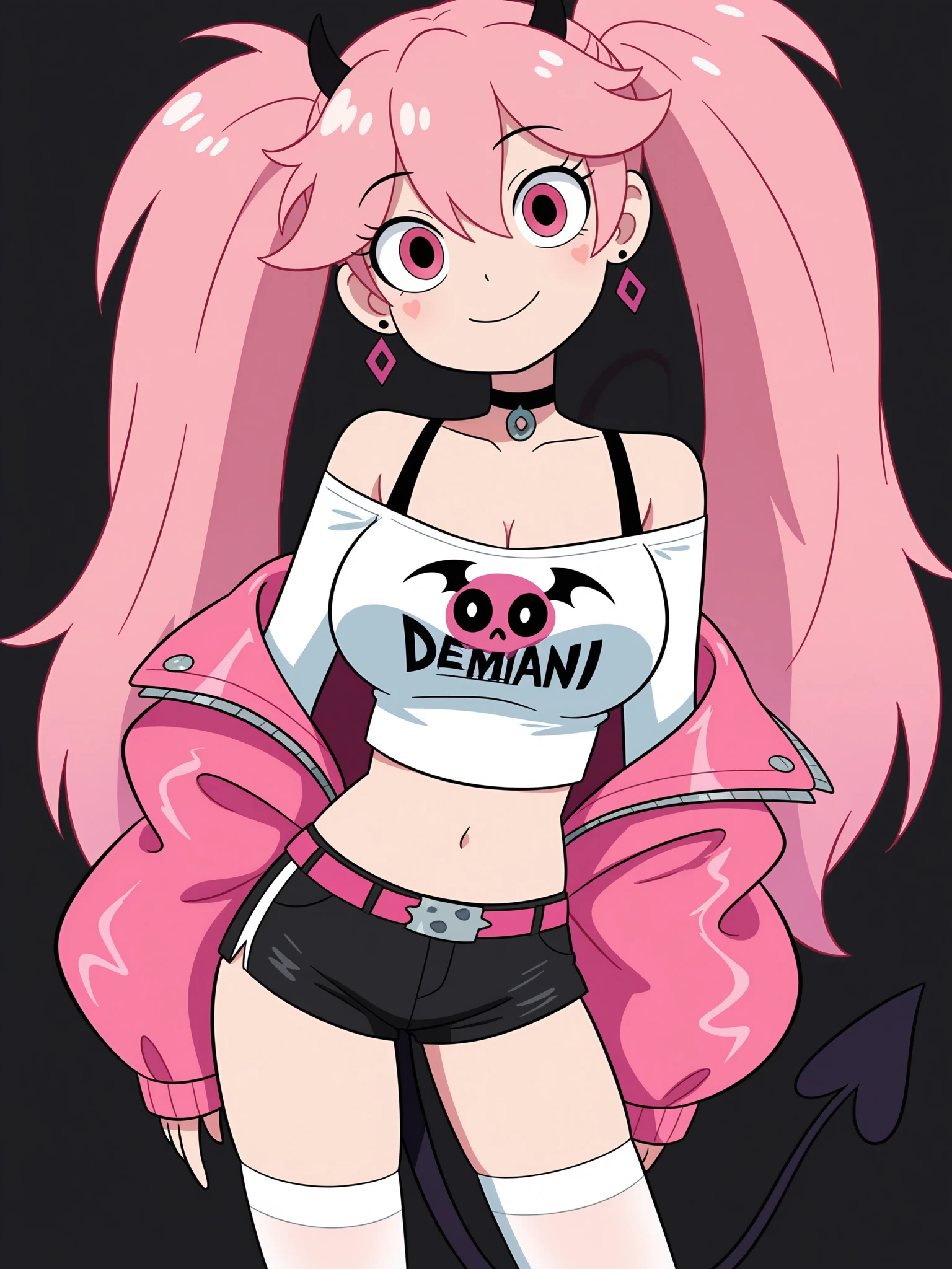 1girl, solo, , tail, pink_hair, horns, demon_tail, shorts, jacket, twintails, large_breasts, smile, looking_at_viewer, long_hair, navel, choker, black_background, pink_eyes, short_shorts, belt, demon_girl, pink_jacket, demon_horns, simple_background, tank_top, open_jacket, cleavage, black_shorts, open_clothes, thighhighs, off_shoulder, bare_shoulders, closed_mouth, head_tilt, hair_between_eyes, cowboy_shot, jewelry, micro_shorts, collarbone, black_choker, white_thighhighs, crop_top, bangs, earrings, clothes_writing, shirt, midriff, standing, see-through, contrapposto, long_sleeves,
 <lora:Star_Vs_Illustrious_X1_1024_SD8:1>