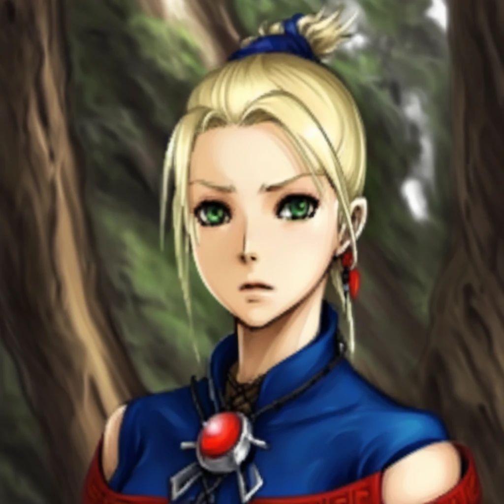 score_8, score_8_up, score_7_up,source_anime, 1girl, solo, female focus, f_s_t_g, high ponytail, short ponytail, blonde hair, green eyes, asymmetrical bangs, blue hair tie, portrait, outdoors, forest