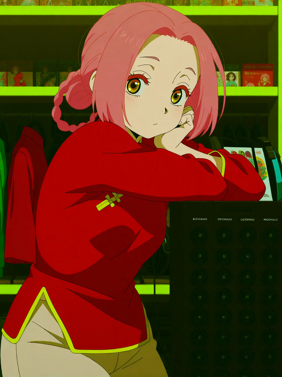 masterpiece, best quality, amazing quality,, <lora:jigoku-mei-s1-illustriousxl-lora-nochekaiser:1>, mei, short hair, pink hair, hair rings, parted bangs, braid, yellow eyes, mature female, small , anime screencap, pants, red shirt, chinese clothes, long sleeves, head rest, music store, browsing records, headphones, vinyl collection, nostalgic, cowboy shot, solo, looking at viewer,