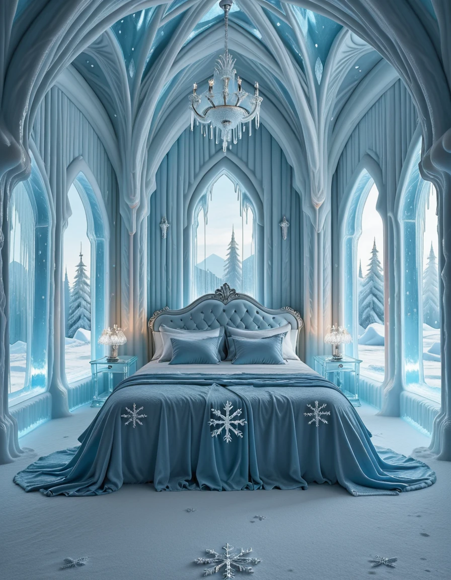 The elegant ice palace bedroom of Elsa, the Snow Queen, shimmering with frosted crystal walls and towering icy arches. At the center, a majestic bed carved from ice and draped with flowing silver and blue fabrics glitters under the glow of enchanted snowflake chandeliers. Frosted mirrors, delicate icicle pillars, and snowflake patterns decorate the room, while moonlight shines through translucent frozen windows, casting a magical, ethereal glow across the chamber. The atmosphere is regal, serene, and filled with winterâs enchantment, completely empty of people.ice palace b3dr00m
 <lora:ice_palace_b3dr00m-i:1>, Masterpiece,best quality,hi res,8k,hi res,8k,award winning,(sharp focus, intricate, highly detailed),