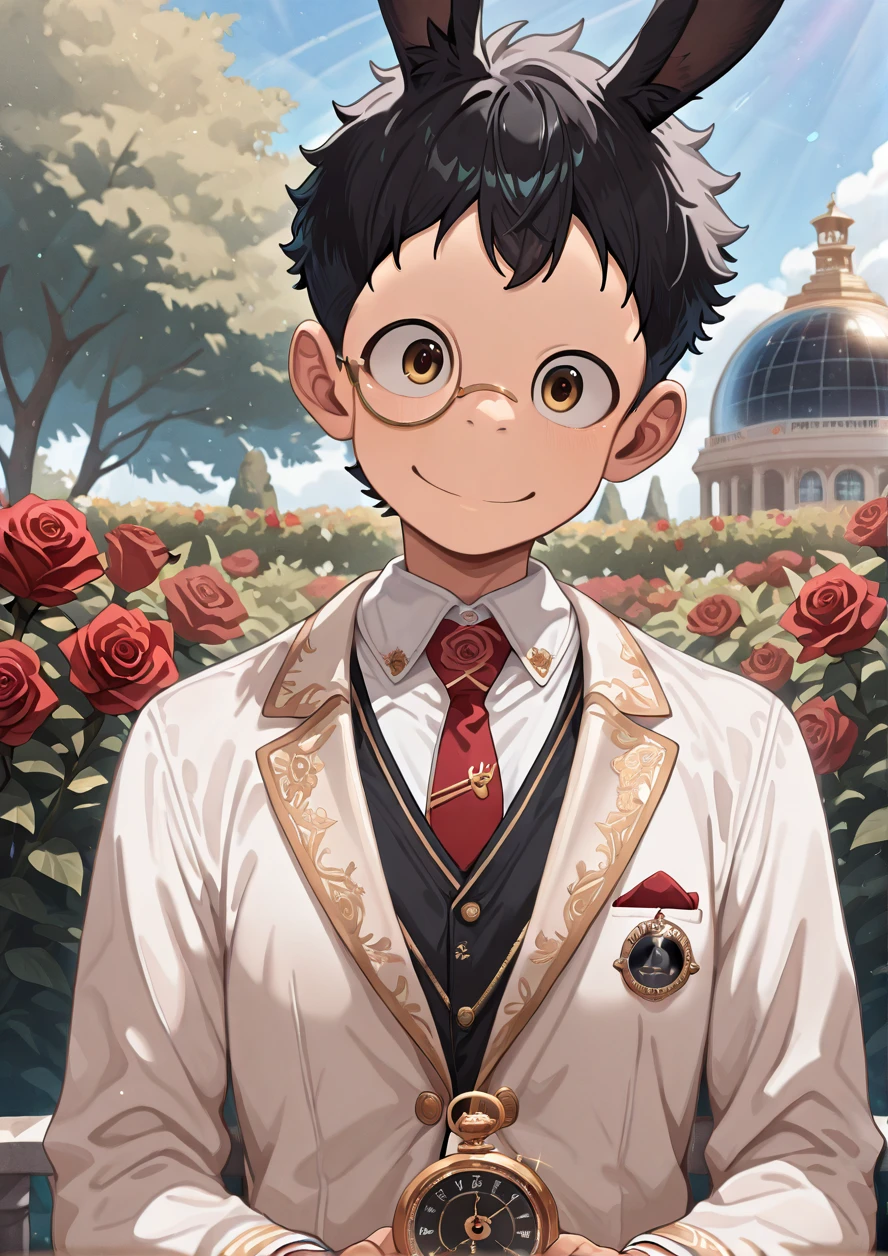 masterpiece, best quality, good quality, solo, 1boy, solo, rabbit ear, black hair, ribbon, red tie, black sult, luxury wear, outdoors, garden, red rose, smile, black hair, golden eyes, looking at viewer, observatory, mathematical formula,gold pocket watch,monocle,<lora:ããããwaryusya_IL7_128:1.2>