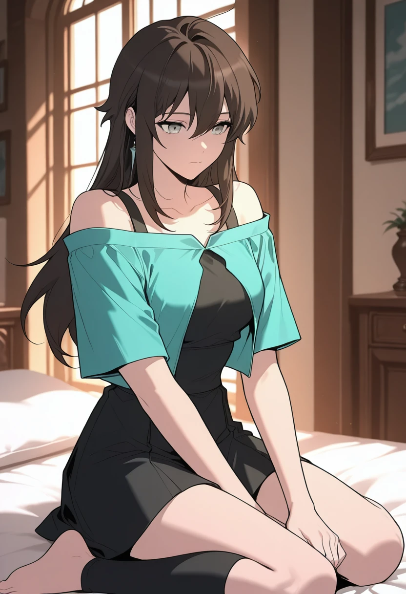 HDR, masterpiece, best quality, very aesthetic, semi realistic, (flat color:1.3),
lurin, 1girl, solo, grey eyes, long hair,  brown hair, black hair, ahoge, hair between eyes, jewelry, bare shoulders, sidelocks,
bare shoulders, collarbone, short sleeves, off-shoulder shirt, aqua shirt, bra strap, black dress, black skirt, barefoot, open jacket, medium breasts, kneehighs, barefoot,
indoors, detailed background