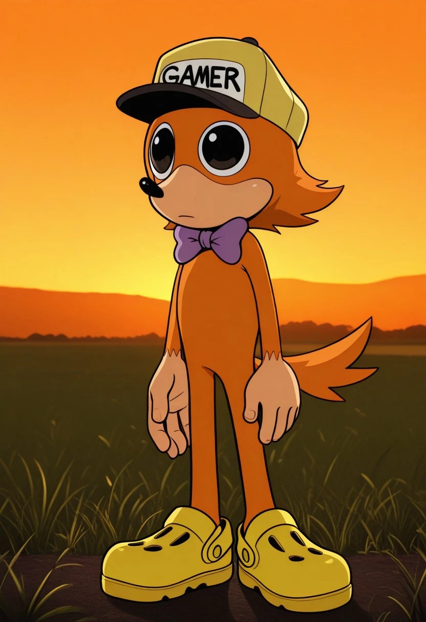 solo male, Ian Jr, furry, orange fur, peach muzzle, black eyes, orange tail, yellow hat with the word "gamer" written on it, purple bow tie, yellow crocs, dabbing, field, orange sky, (high quality, masterpiece, cinematic lighting, highres, 4K UHD)