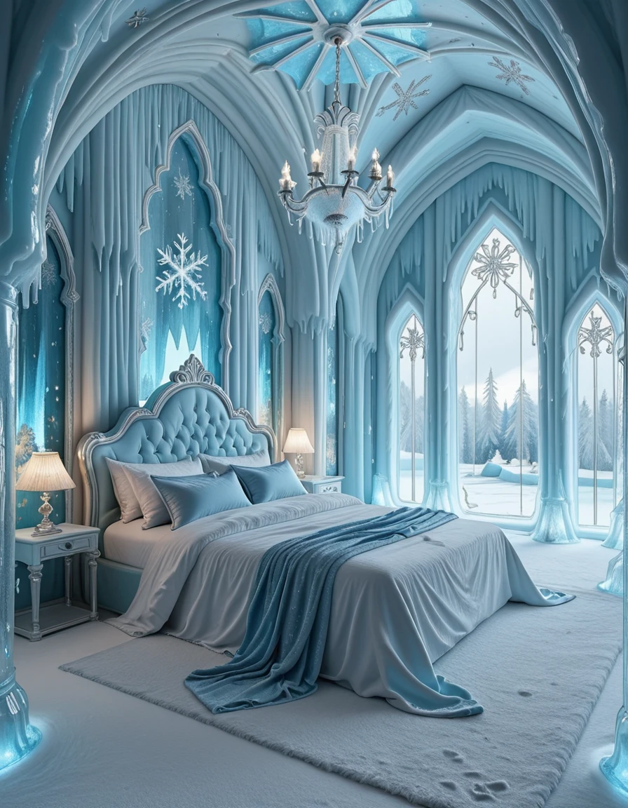 The elegant ice palace bedroom of Elsa, the Snow Queen, shimmering with frosted crystal walls and towering icy arches. At the center, a majestic bed carved from ice and draped with flowing silver and blue fabrics glitters under the glow of enchanted snowflake chandeliers. Frosted mirrors, delicate icicle pillars, and snowflake patterns decorate the room, while moonlight shines through translucent frozen windows, casting a magical, ethereal glow across the chamber. The atmosphere is regal, serene, and filled with winterâs enchantment, completely empty of people.ice palace b3dr00m
 <lora:ice_palace_b3dr00m-i:1>, Masterpiece,best quality,hi res,8k,hi res,8k,award winning,(sharp focus, intricate, highly detailed),
