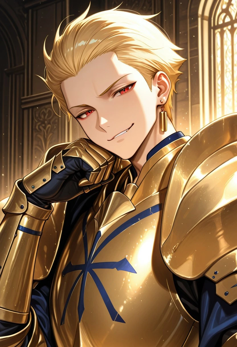 masterpiece, best quality, amazing quality, 1boy, solo, gilgameshgolden, blonde hair slicked back, short hair, red eyes, gold armor, shoulder armor, gauntlets, earrings, jewelry, looking at  the viewer, smug smirk,