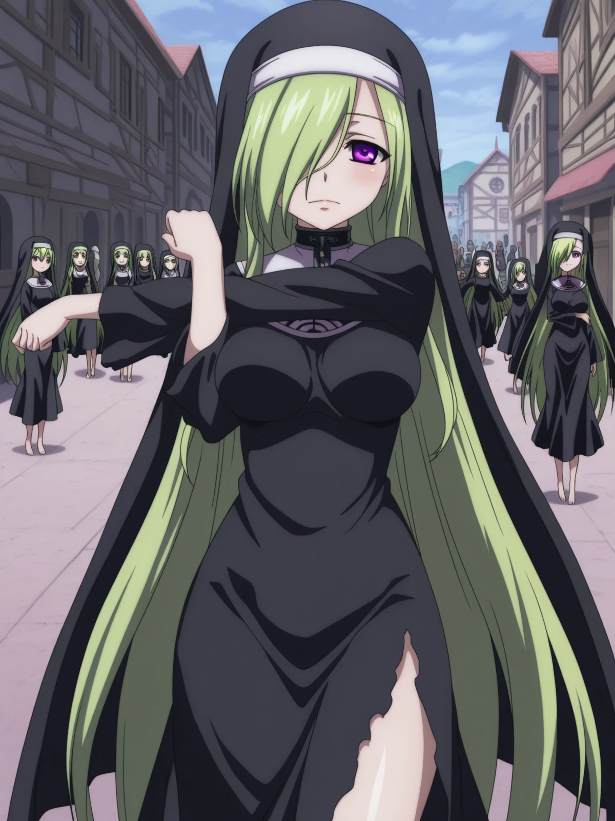 masterpiece, best quality, amazing quality,, <lora:otoshimono-chaos-s2-illustriousxl-lora-nochekaiser:1>, chaos, long hair, green hair, medium breasts, very long hair, purple eyes, hair over one eye, mature female, medium breasts, anime screencap, dress, collar, chain, nun, habit, <lora:cross-body-stretch-illustriousxl-lora-nochekaiser:1>, cross-body stretch, stretching, arm across chest, exercising, cowboy shot, blush, one eye closed, town, small, streets, community, people, cowboy shot, solo, looking at viewer,