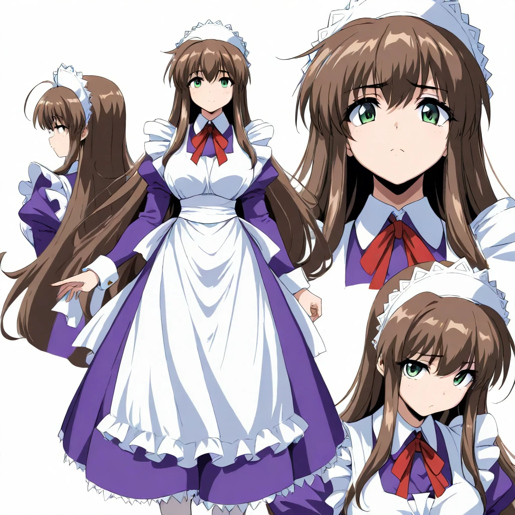 masterpiece,high score,great score,absurdres,looking at viewer,solo,<lora:character_Sheet_XL:0.5> character sheet, multiple views, white background,<lora:CharlotteVerlaine ag4o:1> charlotteverlaine, brown hair, long hair, green eyes,maid headdress,maid,apron,