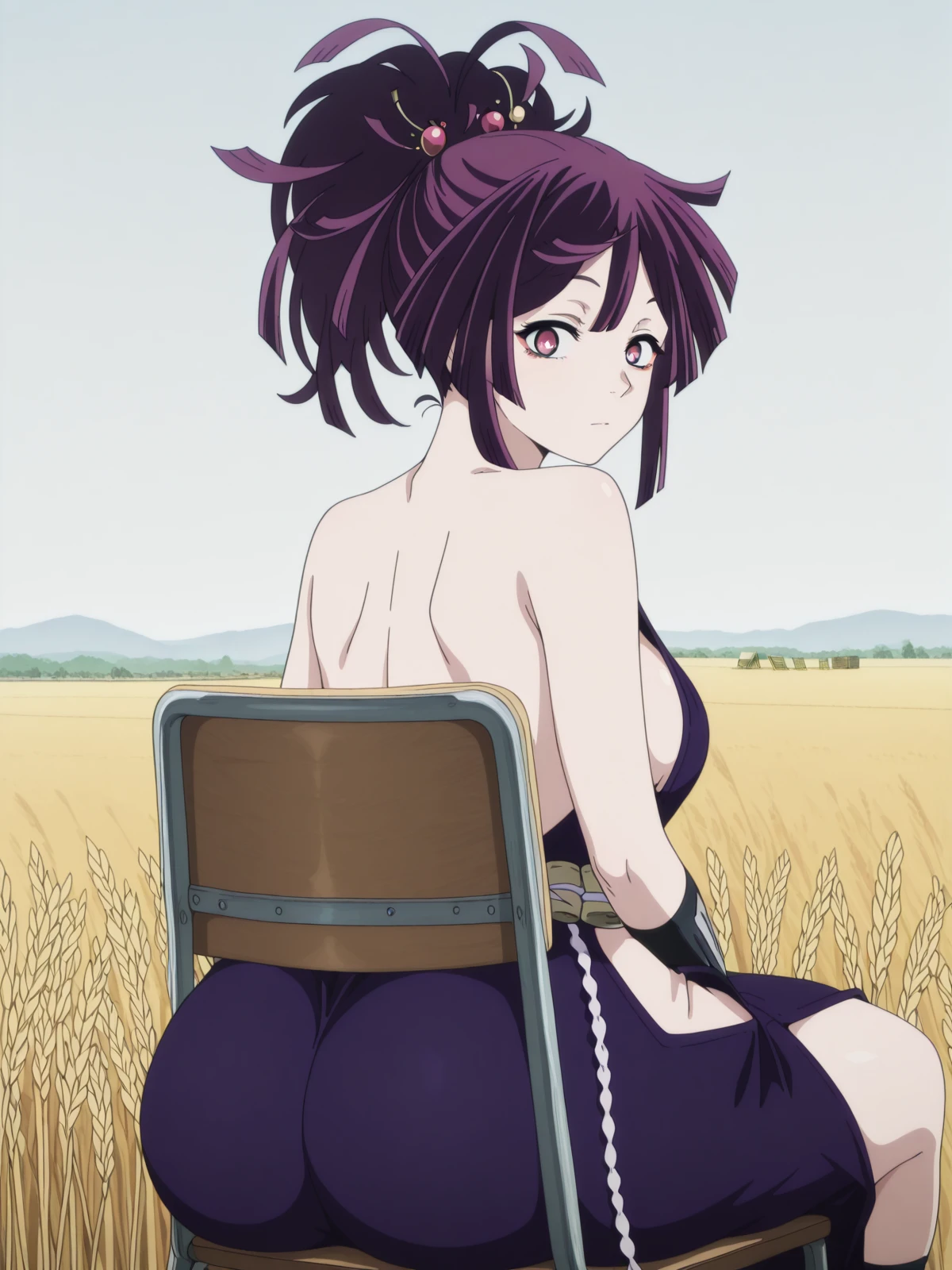 masterpiece, best quality, amazing quality,, <lora:jigoku-yuzuriha-s1-illustriousxl-lora-nochekaiser:1>, yuzuriha, hair ornament, purple eyes, ponytail, purple hair, mature female, medium breasts, anime screencap, breasts apart, japanese clothes, bare shoulders, collarbone, side slit,, <lora:stuck-in-chair-illustriousxl-lora-nochekaiser:1>, stuck in chair, solo, looking at viewer, sitting, looking back, from behind, ass focus, on chair,, wheat field, golden, harvest, farming, open, cowboy shot, solo, looking at viewer,