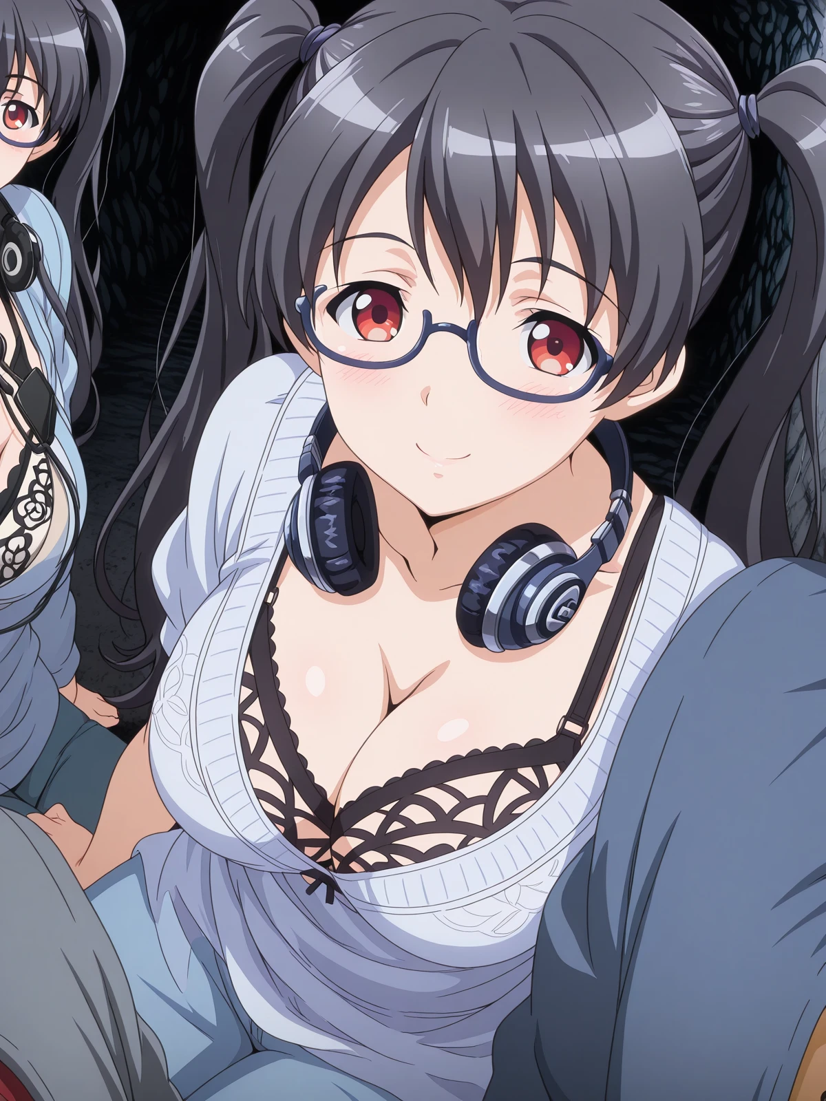 masterpiece, best quality, amazing quality,, <lora:iori-kousaka-ova-illustriousxl-lora-nochekaiser:1>, iori kousaka, black hair, twintails, glasses, red eyes, mature female, large breasts, anime screencap, cleavage, underwear, bra, headphones, lingerie, headphones around neck,, <lora:side-by-side-pov-illustriousxl-lora-nochekaiser:1>, side-by-side pov, side-by-side, pov, solo focus, looking at viewer, blush, smile, 1boy, sitting, pov shoulder,, bunker, underground, secure, concrete, dark, cowboy shot, solo, looking at viewer,