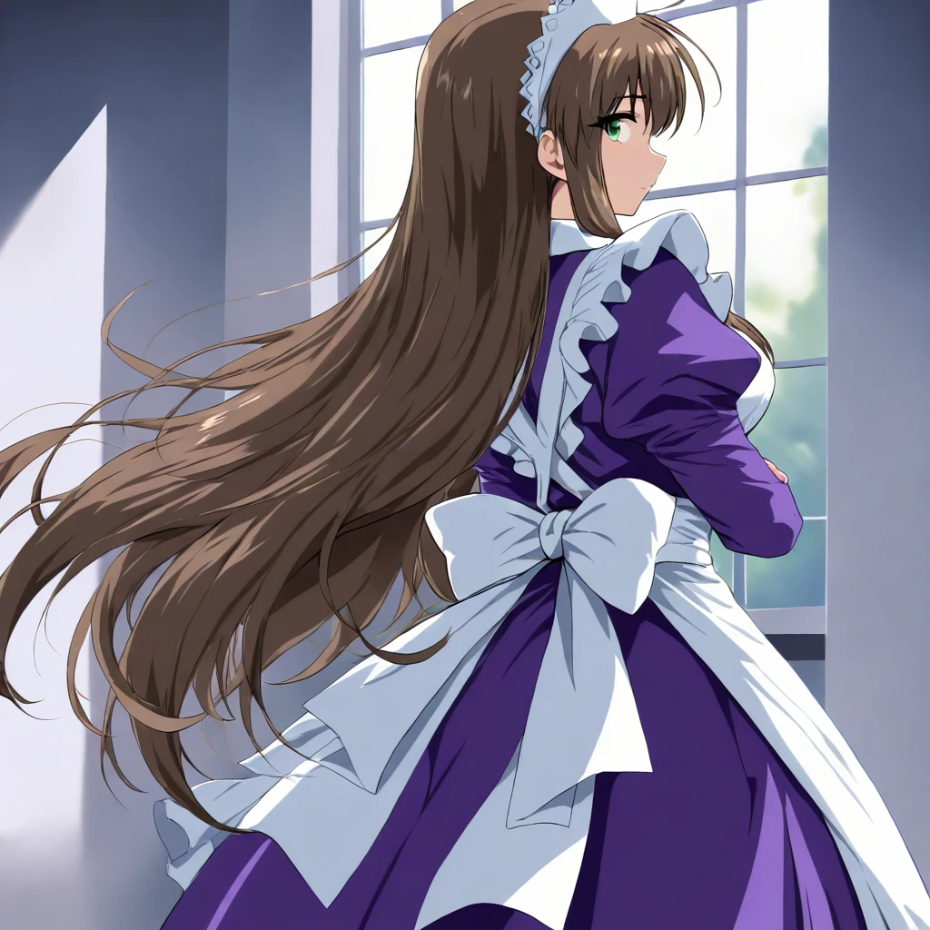 masterpiece,high score,great score,absurdres,looking at viewer,solo,cowboy_shot,from back,<lora:CharlotteVerlaine ag4o:1> charlotteverlaine, brown hair, long hair, green eyes,maid headdress,maid,apron,