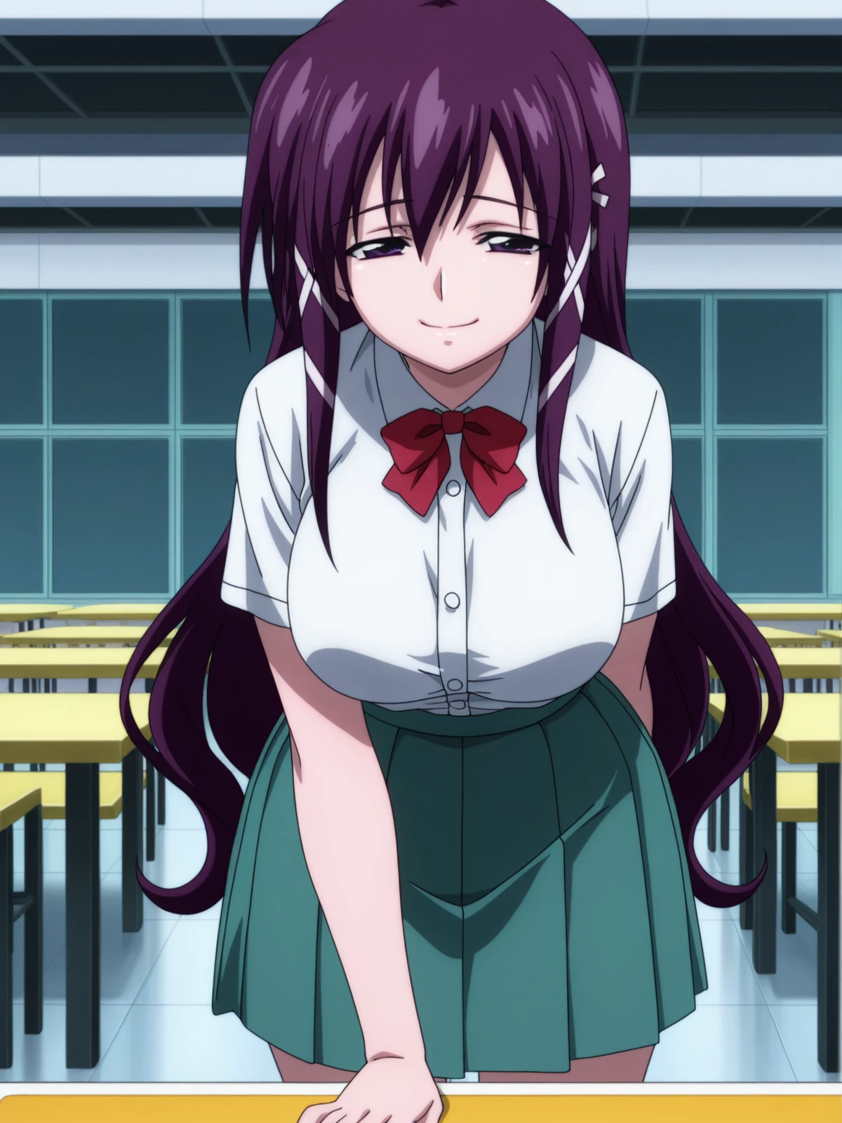 masterpiece, best quality, amazing quality,, <lora:mikako-satsukitane-s2-illustriousxl-lora-nochekaiser:1>, mikako satsukitane, long hair, purple eyes, hair ribbon, purple hair, hair tubes, sidelocks, mature female, large breasts, anime screencap, skirt, bow, ribbon, green skirt, pleated skirt, short sleeves, white shirt, collared shirt, buttons, bowtie, red bowtie, bent over, smug,, cafeteria, tables, food_trays, chairs, line, cowboy shot, solo, looking at viewer,