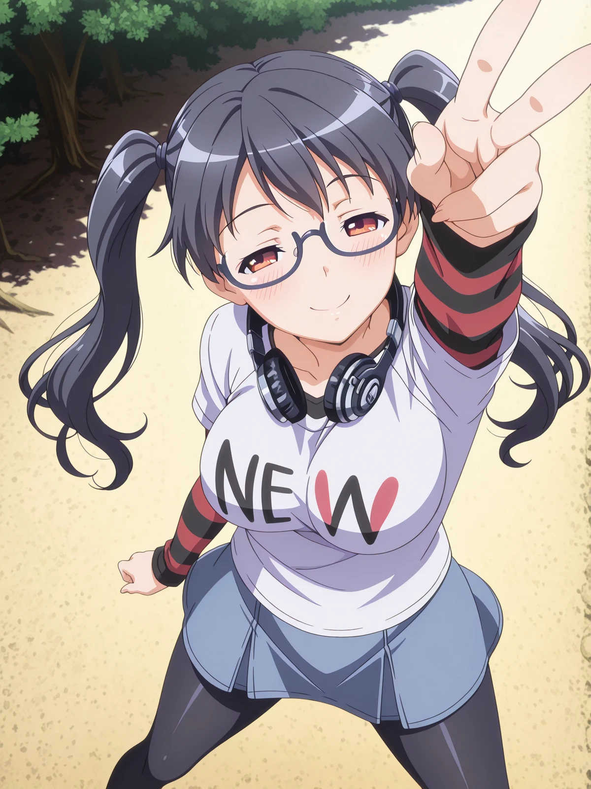 masterpiece, best quality, amazing quality,, <lora:iori-kousaka-ova-illustriousxl-lora-nochekaiser:1>, iori kousaka, black hair, twintails, glasses, red eyes, mature female, large breasts, anime screencap, skirt, thighhighs, pantyhose, striped sleeves, shirt, headphones, t-shirt, clothes writing, semi-rimless eyewear, headphones around neck, raglan sleeves,, <lora:charizard-pose-illustriousxl-lora-nochekaiser:1>, charizardpose, solo, blush, closed mouth, standing, closed eyes, arm up, foreshortening, v, from above, legs apart, smile, looking to the side,, Natural settings, trees, rivers, sunlight, wildlife, cowboy shot, solo, looking at viewer,