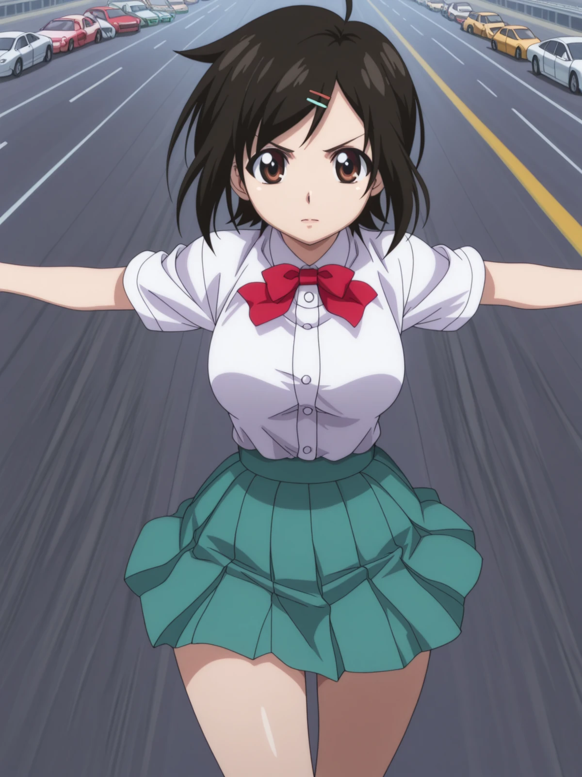 masterpiece, best quality, amazing quality,, <lora:tomoki-sakurai-s2-illustriousxl-lora-nochekaiser:1>, tomoki sakurai, short hair, black hair, hair ornament, brown eyes, ahoge, hairclip, mature female, medium breasts, anime screencap, skirt, bow, ribbon, green skirt, pleated skirt, short sleeves, white shirt, collared shirt, buttons, bowtie, red bowtie, <lora:dynamic-pose-illustriousxl-lora-nochekaiser:1>, dynamic pose, midair, cowboy shot, highway, cars, lanes, fast, long, cowboy shot, solo, looking at viewer,