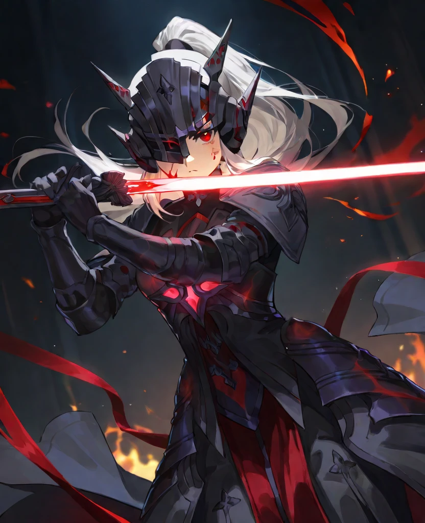 zPDXL3,score_9,score_8_up,score_7_up,source_anime,rating_safe BREAK masterpiece,highres,best quality,high quality,dramatic angle,cinematic lighting,1girl,<lora:ShadowverseHolySaber_Noob05_V1:1>,silver hair,red eyes,ponytail,holding sword,serious,headgear,hair ornament,black armor,red and black dress,ribbon,glowing particles,glowing weapon,depth of field,(artoria pendragon \(alter\):0.22),dynamic angle,blood on face,flames,helmet,red lightsaber,one eye covered,