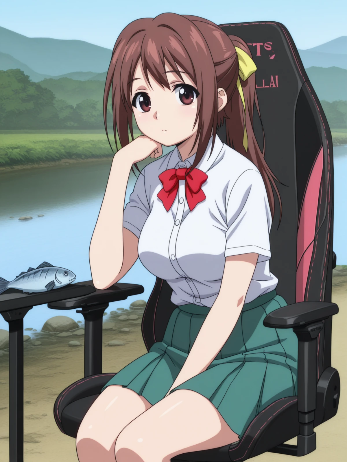 masterpiece, best quality, amazing quality,, <lora:sohara-mitsuki-s2-illustriousxl-lora-nochekaiser:1>, sohara mitsuki, long hair, brown hair, bow, ribbon, brown eyes, hair ribbon, ponytail, mature female, medium breasts, anime screencap, skirt, bow, ribbon, green skirt, pleated skirt, short sleeves, white shirt, collared shirt, buttons, bowtie, red bowtie, <lora:secretlab-chair-illustriousxl-lora-nochekaiser:1>, secretlab chair, chair, office chair, gaming chair, sitting, feet out of frame, elbow rest, river, flowing, fish, banks, current, cowboy shot, solo, looking at viewer,