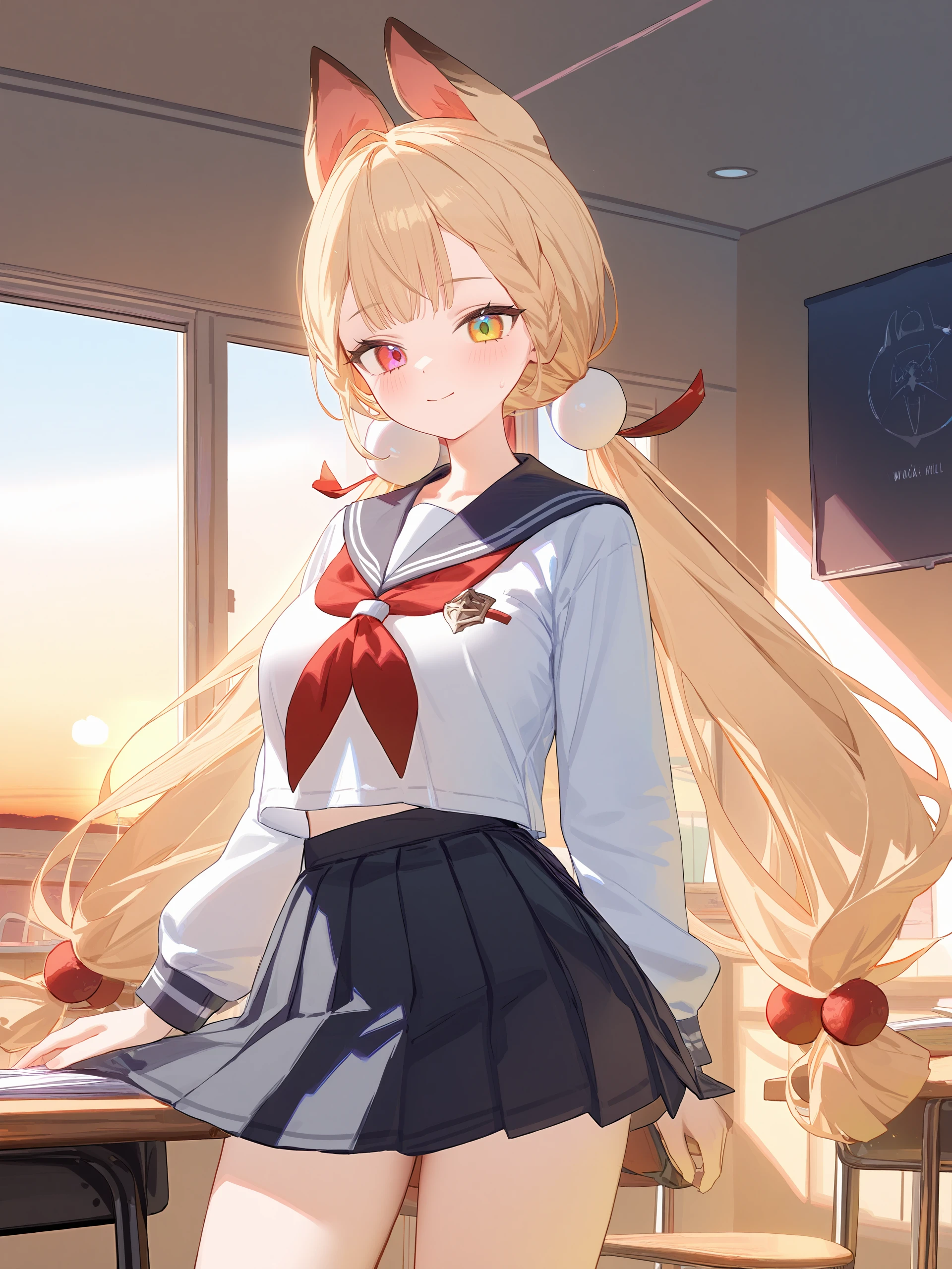 1girl, solo, alice thymefield, heterochromia, solo, braided bangs, twintails, hair bobbles, school uniform, serafuku, white shirt, long sleeves, sailor collar, pleated skirt, cowboy shot, sunbeam, sunset, classroom, indoors, window, light smile, blush, looking at viewer, facing viewer illustration, incredibly absurdres, ultra detailed, masterpiece, best quality, perfect features, intricate details, ray tracing, very aesthetic,  shuri \(84k\), ATDAN, artist:chen bin, (ningen mame:0.95), (wlop:0.91), (sarcophage:1.05), (tsubasa tsubasa:1.05), modare, hiten \(hitenkei\),  <lora:Char-ZZZ-Alice-V1-XL:1:hr=0.6>,