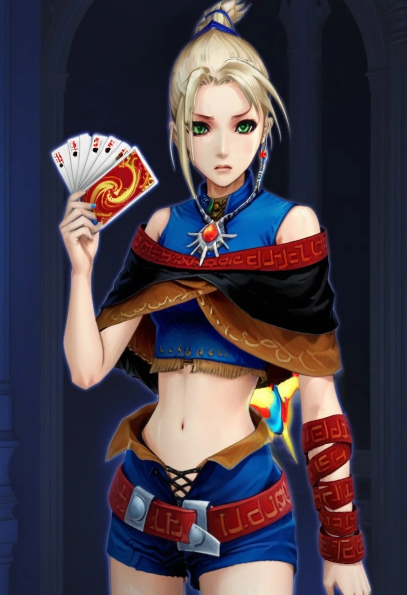 masterpiece, best quality, absurdres, anime screenshot, 1girl, solo, female focus, f_s_t_g, high ponytail, short ponytail, asymmetrical bangs, blonde hair, green eyes, blue hair tie, blue crop top, sleeveless crop top, black caplet, necklace, arm wrap, asymmetrical arms, navel, blue shorts, open shorts, cowboy shot, holding card, card, holding, hand up, looking at viewer,dark, indoors, night, mansion, fantasy, (black background:0.5)