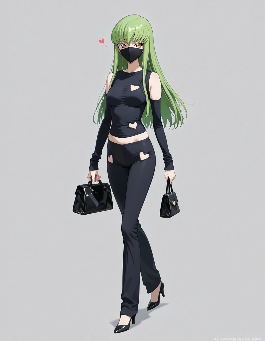 masterpiece,best quality,amazing quality,very aesthetic,high resolution,ultra detailed,perfect details,anime coloring,
1girl,solo,walking,looking at viewer,simple background,grey background,
<lora:mai_bbshirt:0.8>,mai_bbshirt,mouth_mask,black_shirt,detached_sleeves,heart_cutout,black_pants,high_heels,holding_bag,
code_geass,c.c.,code geass,