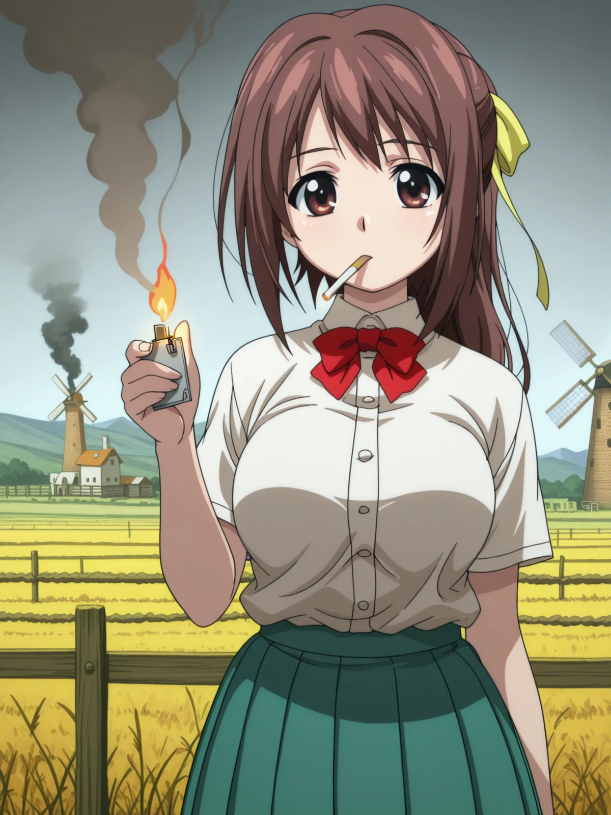 masterpiece, best quality, amazing quality,, <lora:sohara-mitsuki-s2-illustriousxl-lora-nochekaiser:1>, sohara mitsuki, long hair, brown hair, bow, ribbon, brown eyes, hair ribbon, ponytail, mature female, medium breasts, anime screencap, skirt, bow, ribbon, green skirt, pleated skirt, short sleeves, white shirt, collared shirt, buttons, bowtie, red bowtie, <lora:lighting-cigarette-illustriousxl-lora-nochekaiser:1>, lighting cigarette, lighter, holding lighter, cigarette, smoking, fire, smoke, holding, upper body, straight-on,, windmill, blades, farm, wind, traditional, cowboy shot, solo, looking at viewer,