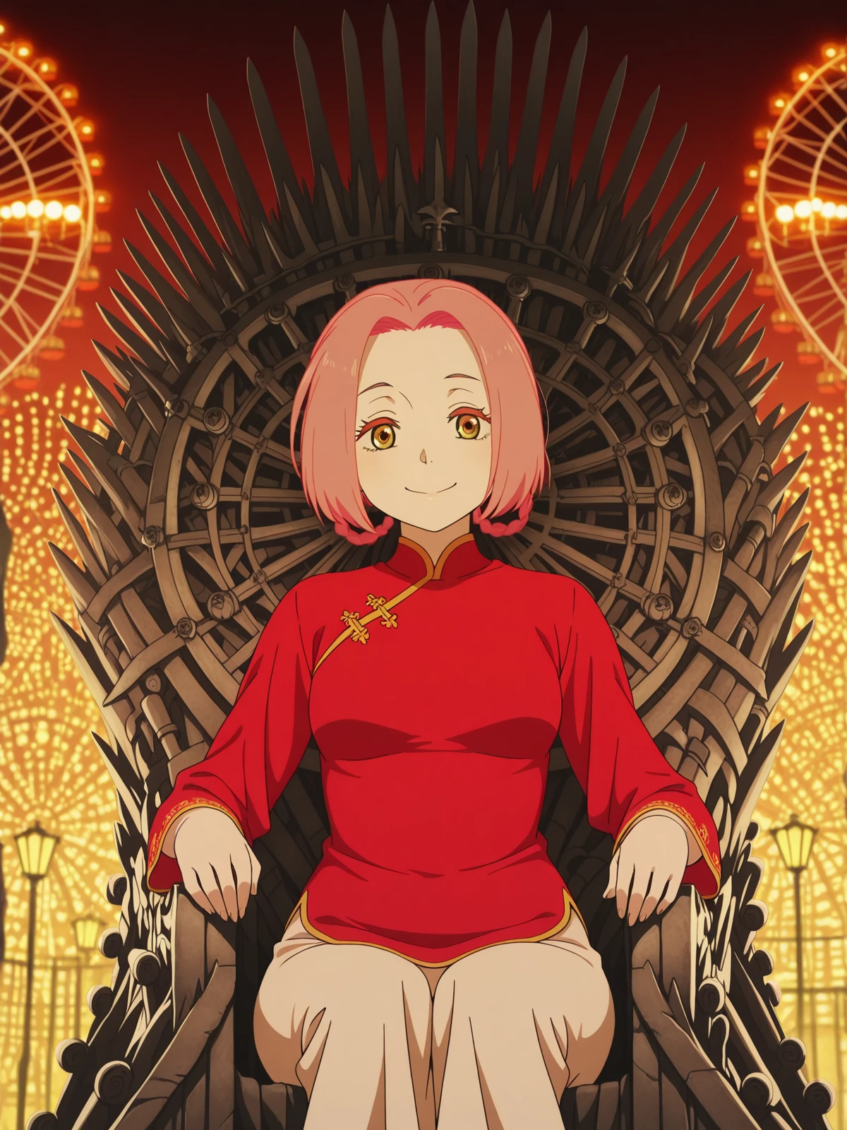 masterpiece, best quality, amazing quality,, <lora:jigoku-mei-s1-illustriousxl-lora-nochekaiser:1>, mei, short hair, pink hair, hair rings, parted bangs, braid, yellow eyes, mature female, small , anime screencap, pants, red shirt, chinese clothes, long sleeves, <lora:iron-throne-illustriousxl-lora-nochekaiser:1>, iron throne, sitting, looking at viewer, sword, throne, sitting on throne, smile, feet out of frame, elbow rest, ferris wheel, lights, high, view, rotating, cowboy shot, solo, looking at viewer,