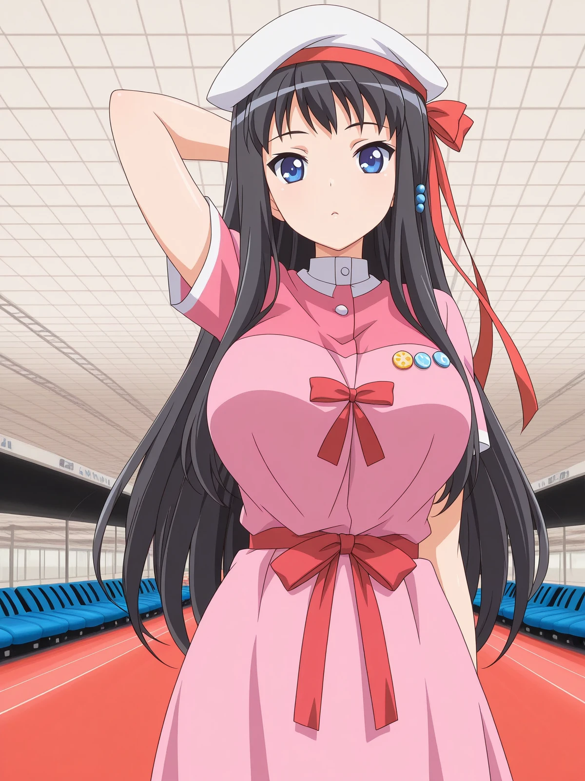 masterpiece, best quality, amazing quality,, <lora:kisara-himeno-ova-illustriousxl-lora-nochekaiser:1>, kisara himeno, long hair, black hair, blue eyes, mature female, large breasts, anime screencap, hat, dress, pink dress, ribbons, red ribbon, short sleeves,, hand behind head, , bowling alley, lanes, pins, balls, fun, cowboy shot, solo, looking at viewer, <lora:transparent-background-illustriousxl-lora-nochekaiser:1>, transparent background, simple background, white background