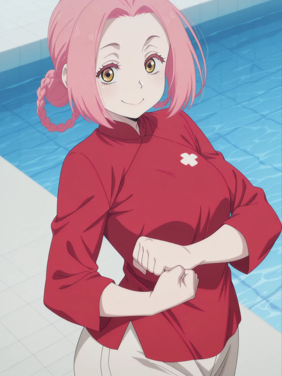 masterpiece, best quality, amazing quality,, <lora:jigoku-mei-s1-illustriousxl-lora-nochekaiser:1>, mei, short hair, pink hair, hair rings, parted bangs, braid, yellow eyes, mature female, small , anime screencap, pants, red shirt, chinese clothes, long sleeves, <lora:side-chest-pose-illustriousxl-lora-nochekaiser:1>, side pose, solo, looking at viewer, smile, hands up, clenched fist, grabbing own arm,, pool, water, lifeguard, swim_lane, float, cowboy shot, solo, looking at viewer,