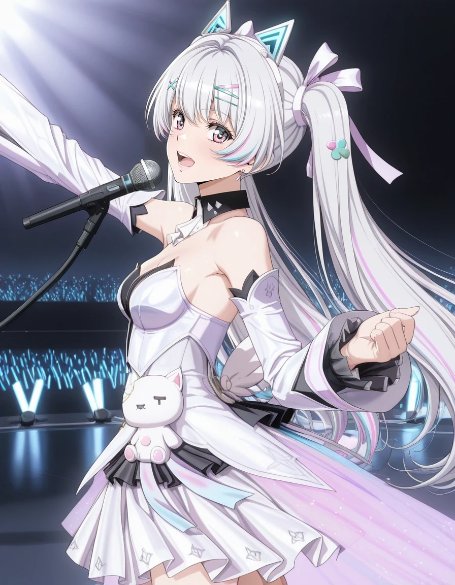 masterpiece,best quality,amazing quality,very aesthetic,high resolution,ultra detailed,perfect details,Urushihara Satoshi style,
stage,people,Glow stick,Colored paper,Dramatic Lighting,looking at viewer,
1girl,solo,dynamic pose,holding microphone,open mouth,singing,outstretched arm,from side,cowboy shot,
<lora:mai_pgr_karenina_blnh:0.8>,mai_pgr_karenina_blnh,long_hair,twintails,grey_hair,multicolored_hair,multicolored_eyes,hair_ornament,hairclip,fake_animal_ears,idol_clothes,detached_sleeves,detached_collar,white_dress,white_skirt,frilled_dress,stuffed_toy,