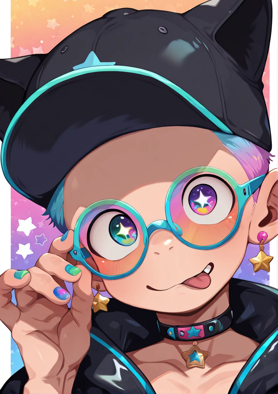 masterpiece, best quality, good quality, solo, 1boy,solo,tongue out,looking at viewer,fang,cute,adjusting eyewear,colorful nails,colorful hair,very short hair,colorful earrings,fingernails,hair accessories,colorful jewelry,colorful-framed eyewear,colorful-tinted eyewear,portrait,colorful background,colorful eyes,big round eyes,heterochromia,star \(symbol\),tinted eyewear,upper body,cat ear,headwear,cyber jacket,cyber choker, <lora:ããããwaryusya_IL7_128:1.1>