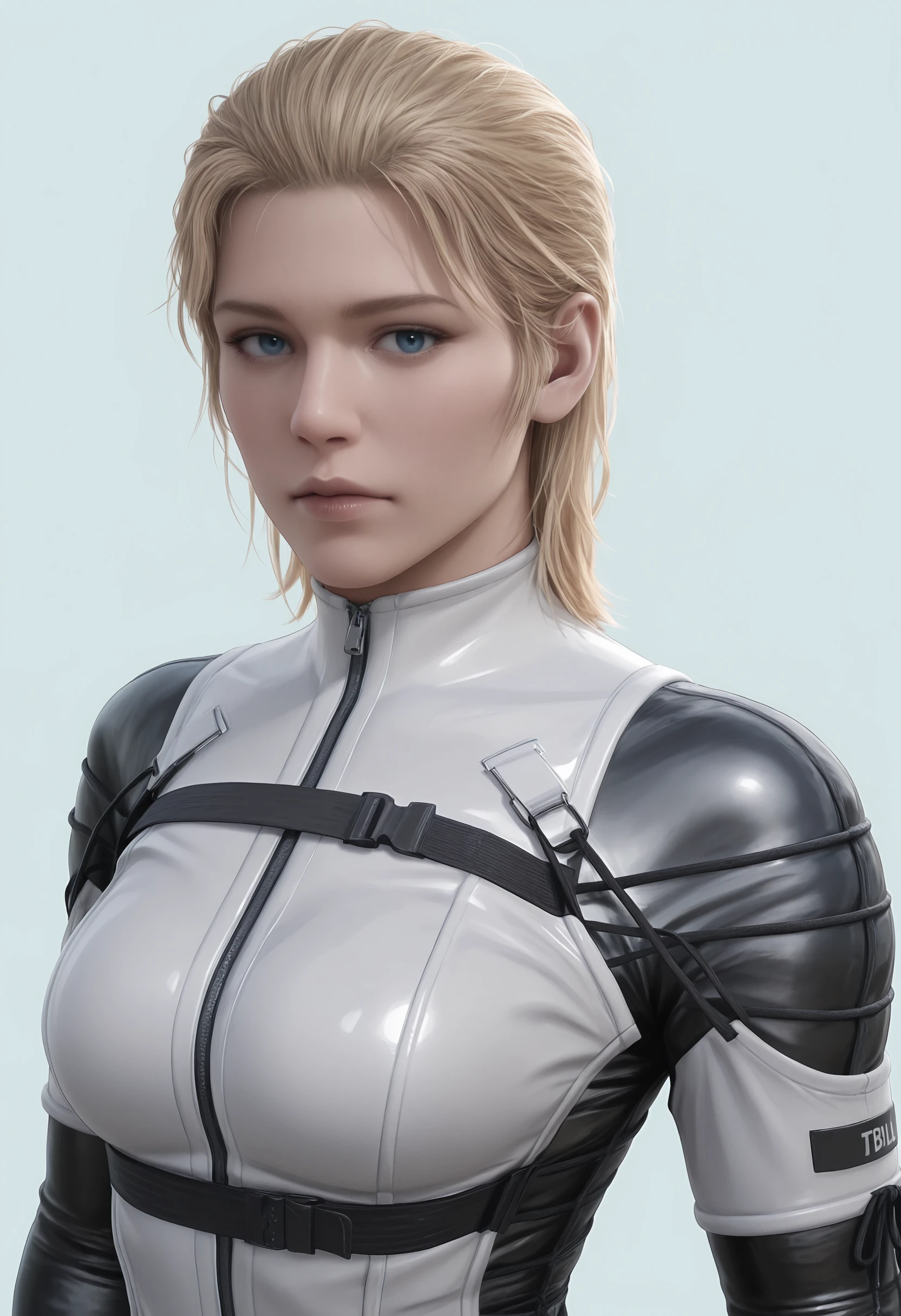 masterpiece, best quality, amazing quality, very aesthetic, absurdres, newest,  <lora:TheBossILf:0.8> thbilf, blonde hair, blue eyes, bodysuit, upper body, looking at viewer,
 light blue background, simple background,