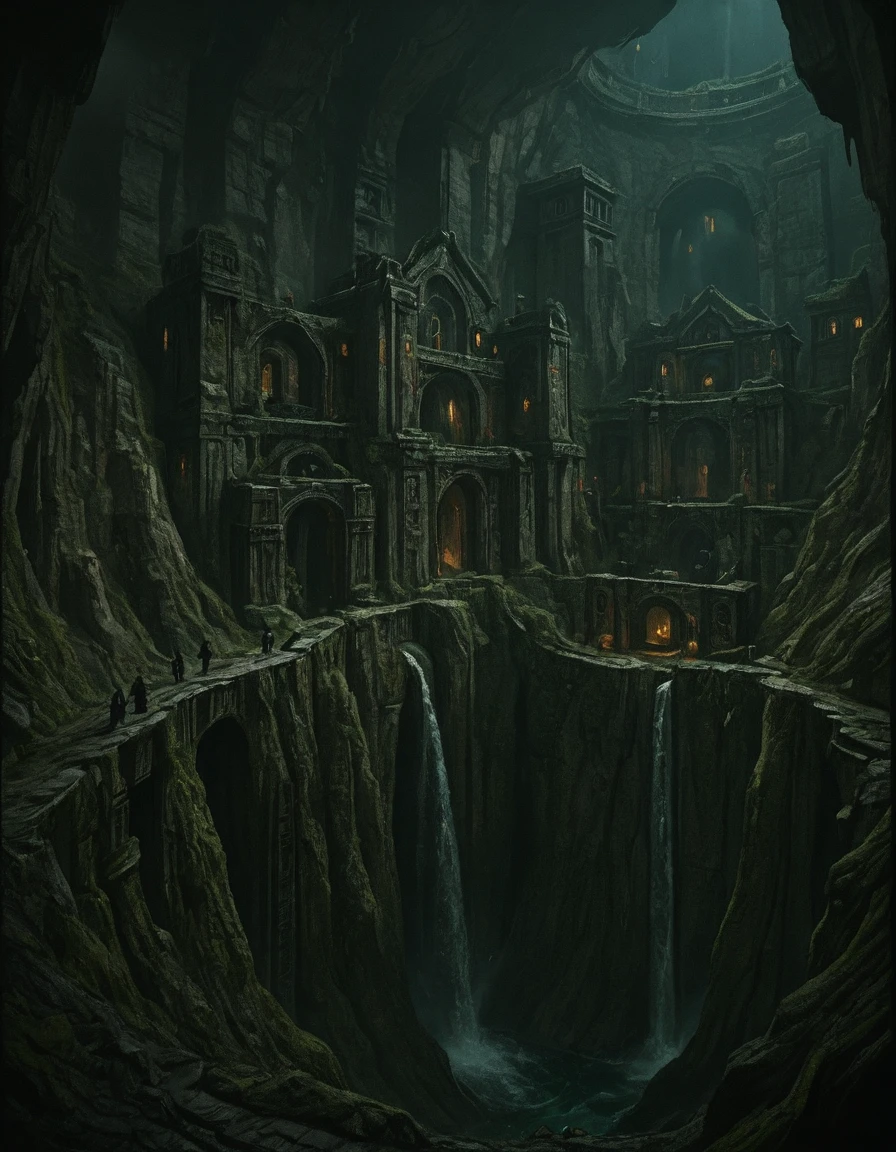 <lora:MW_Dwarven_p1ill:1> MWD01D, masterpiece, absurdres, 8k, insanely detailed, sharp focus, pitch black, very dark, large dwarven city, in a huge dark underground carvern, carved rocky walls, waterfalls, a few faint torches, above the shoulder view, ancient carved dwarven architecture merged in the rocky cavern walls, dusty, lost forgotten moisty ambiance, moss, large stone columns, illuminated windows, dark uneaven rocky ceiling, underground lake, rocky shore,