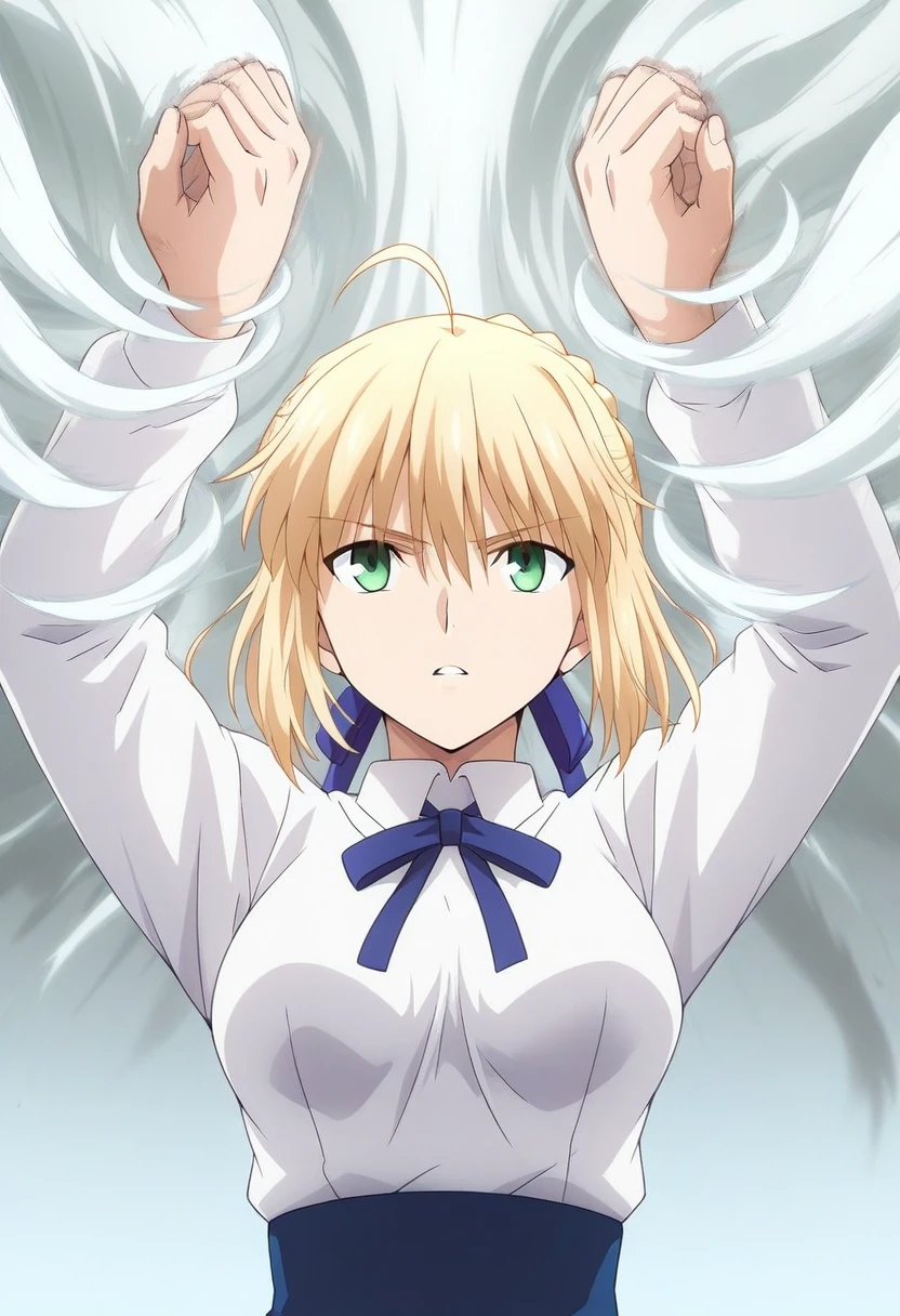 kamizunaarashi, arms up, spinning hands, wind, tornado, Saber, 1girl, solo, breasts, medium breasts, short hair, blonde hair, braid, hair bun, french braid, ahoge, hair between eyes, green eyes, ribbon, hair ribbon, blue ribbon, neck ribbon, blue ribbon, white shirt, collared shirt, long sleeves, blue skirt, high-waist skirt, long skirt, black pantyhose, upper body, serious, parted lips, from below,